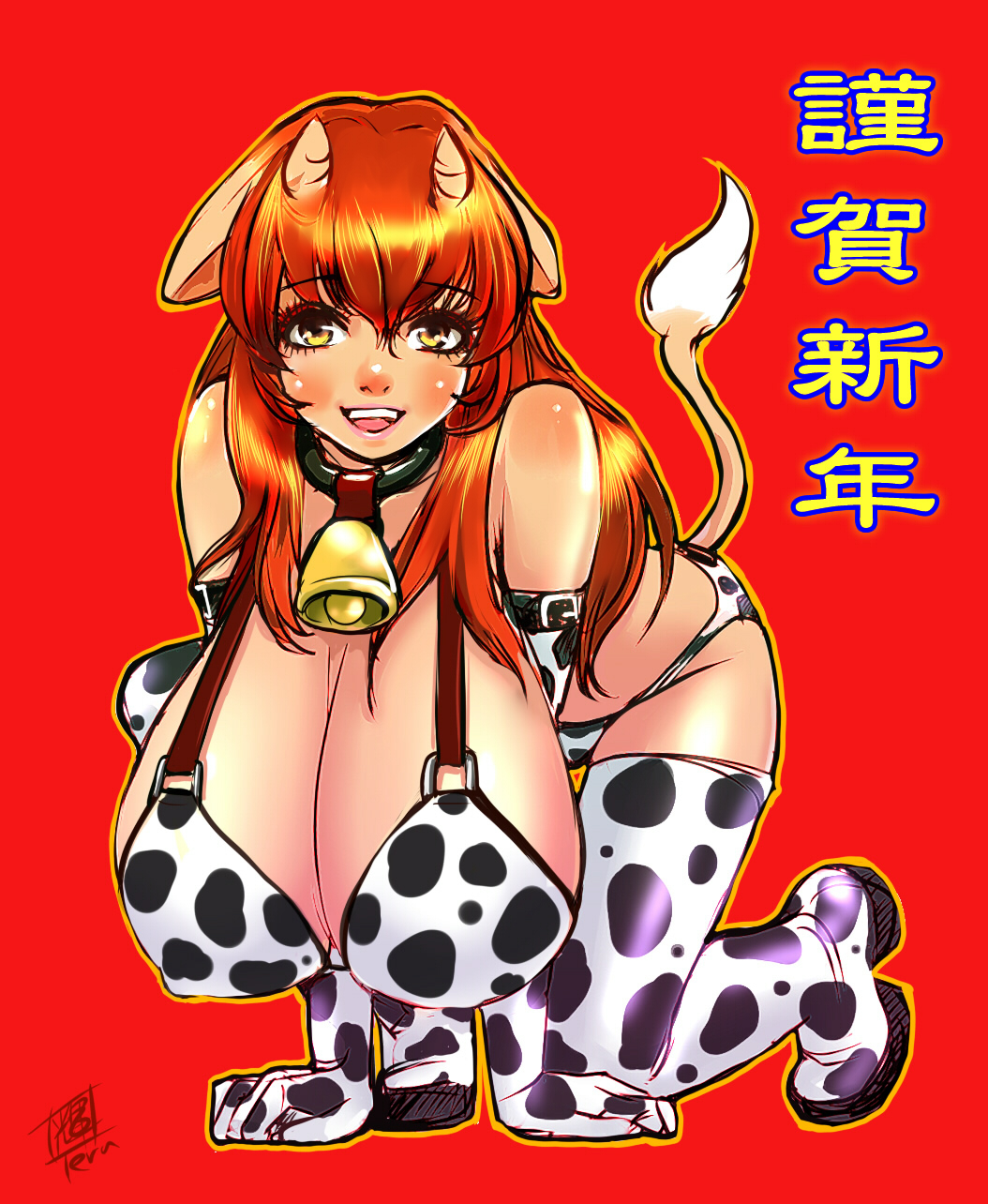 teruchan, highres, 1girl, animal ears, animal print, bell, breasts, brown hair, cleavage, collar, cow ears, cow girl, cow print, cow tail, elbow gloves, female focus, gloves, horns, huge breasts, long hair, neck bell, solo, tail, thighhighs