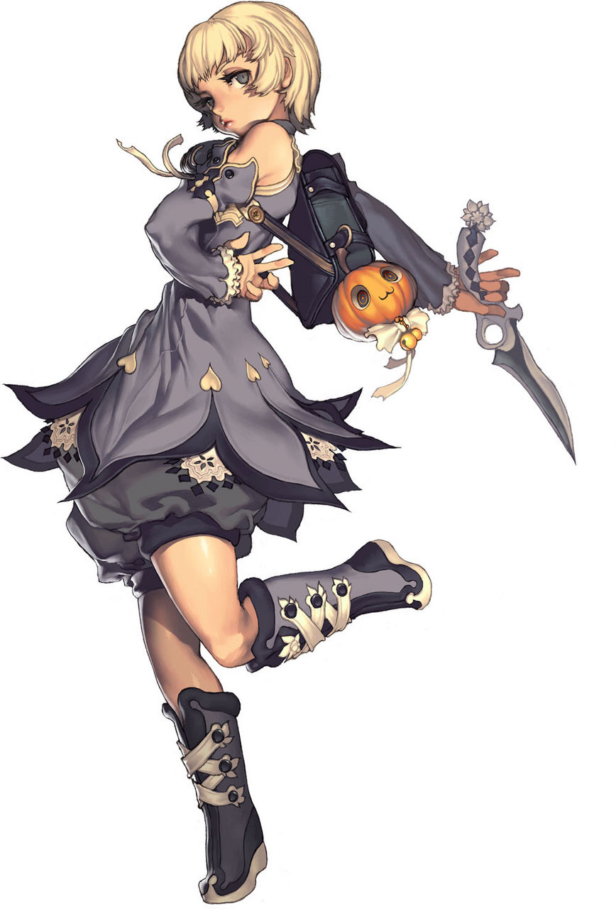 kim hyung tae, rue, rue (magna carta 2), magna carta, magna carta 2, highres, arms behind back, backpack, bag, bell, blonde hair, boots, grey eyes, heart, leg lift, looking back, pumpkin, short hair, solo, sword, weapon