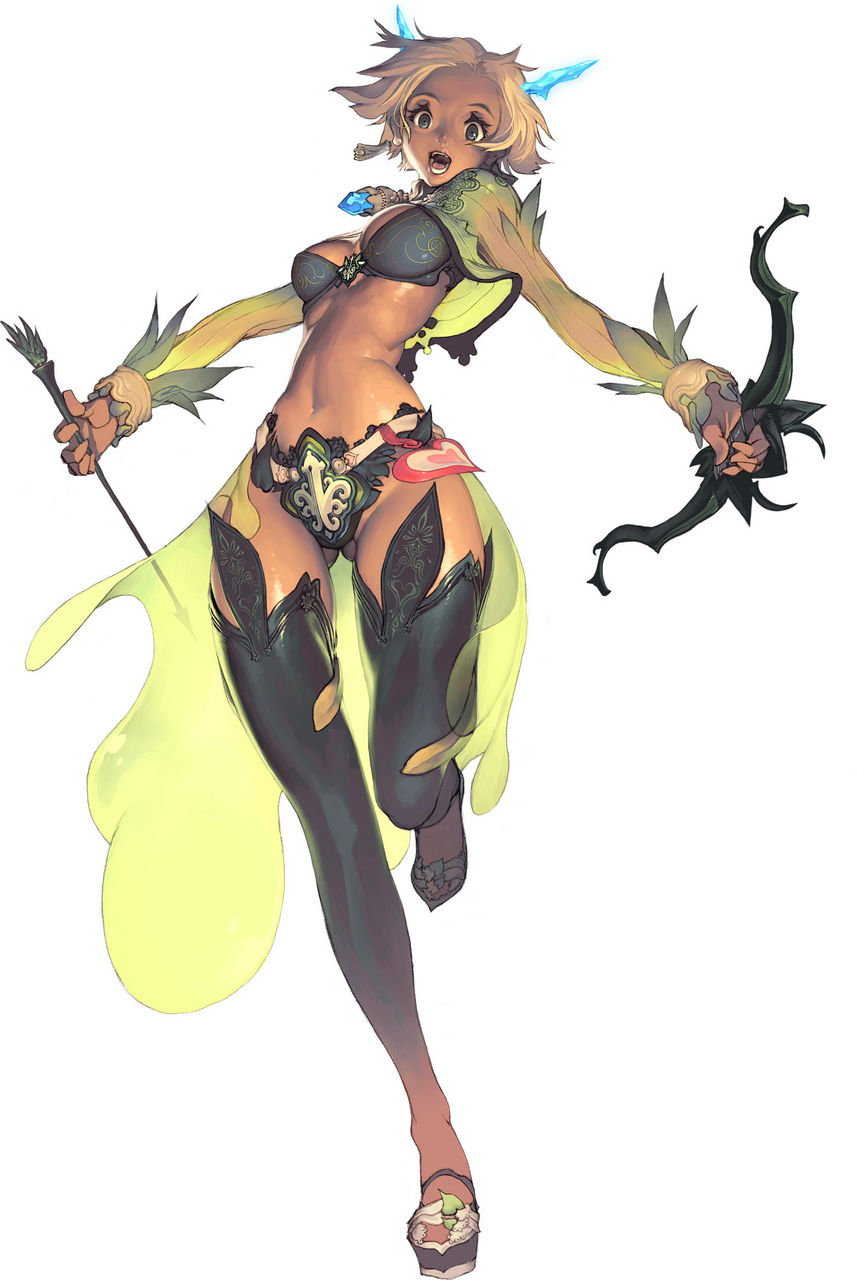 kim hyung tae, magna carta, magna carta 2, arrow, black legwear, highres, official art, :d, belt, bikini, bikini top only, blonde hair, blue eyes, bow (weapon), breasts, celestine roaa, cleavage, crop top, crystal, dark skin, earrings, heart, horns, jacket, jewelry, leg lift, leg up, long sleeves, midriff, narrow waist, necklace, open mouth, pendant, sandals, short hair, simple background, skirt, smile, solo, standing, swimsuit, thighhighs, weapon, wide hips