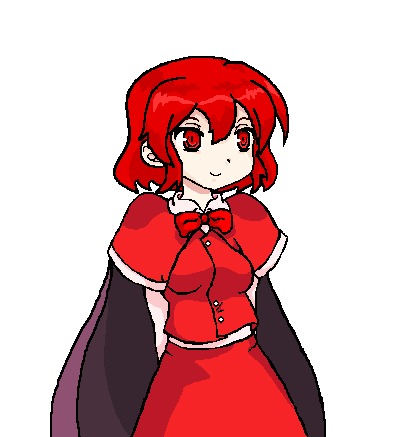 deadlich, okazaki yumemi, phantasmagoria of dim.dream, touhou, touhou (pc-98), lowres, 1girl, cape, female focus, red eyes, red hair, ribbon, solo