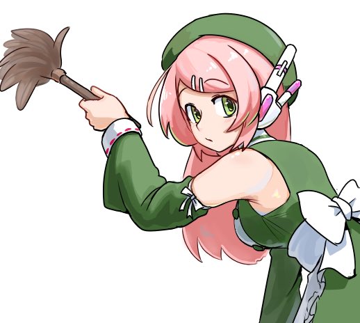 saruyama ushirou, momone momo, utau, 1girl, apron, beret, dress, green dress, green eyes, green hat, green sleeves, hair ornament, hairclip, hat, holding, lace, lace-trimmed dress, lace trim, long hair, looking back, maid, open mouth, pink hair, robot ears, simple background, sleeve bow, solo, unconventional maid, white apron, white background