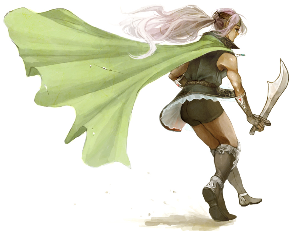 pr (puru), faris scherwiz, final fantasy, final fantasy v, square enix, bad id, bad pixiv id, gender request, 1990s (style), androgynous, belt, bike shorts, boots, cape, fingerless gloves, from behind, gloves, headband, long hair, muscular, ponytail, purple hair, retro artstyle, reverse trap, shorts, skirt, solo, sword, weapon, wind, wind lift