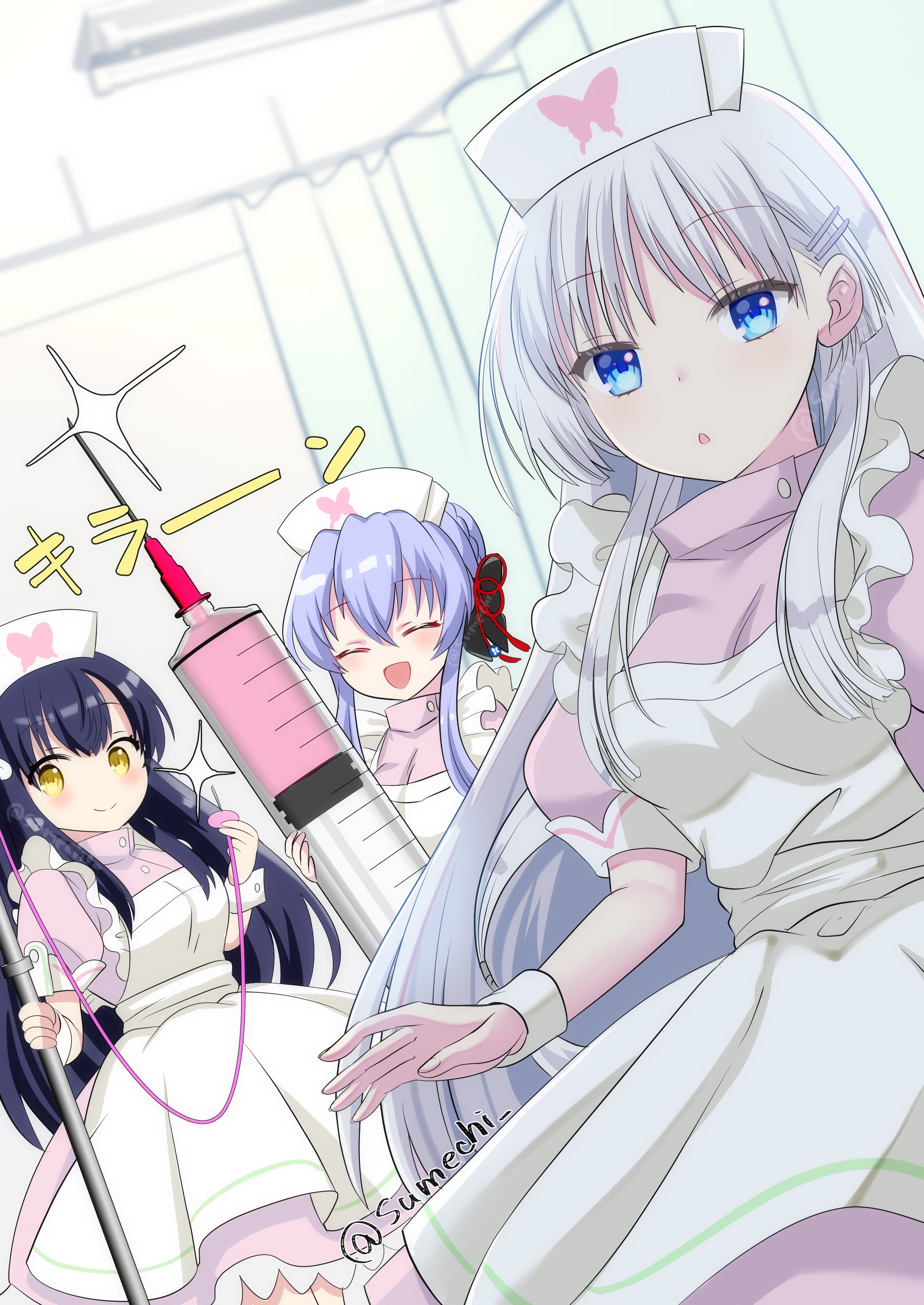 sumechi, kushima kamome, naruse shiroha, sorakado ao, summer pockets, absurdres, commentary, highres, 3girls, :d, ^ ^, alternate costume, animal print, apron, black bow, black hair, blue eyes, blue hair, blunt ends, blurry, blurry background, blush, bow, breasts, butterfly print, chestnut mouth, closed eyes, closed mouth, cowboy shot, curtains, dress, dutch angle, eyelashes, facing viewer, frilled apron, frills, hair behind ear, hair between eyes, hair bow, hair ornament, hair ribbon, hairclip, hand up, hat, holding, holding syringe, indoors, large breasts, large syringe, long hair, looking at viewer, meme, multiple girls, nine years in a coma (meme), nurse, nurse cap, open mouth, oversized object, parallel hairclips, pink dress, print headwear, puffy short sleeves, puffy sleeves, red ribbon, ribbon, short sleeves, sidelocks, smile, sound effects, sparkle, split mouth, straight hair, syringe, twitter username, very long hair, watermark, white apron, white hair, white wrist cuffs, wrist cuffs, yellow eyes