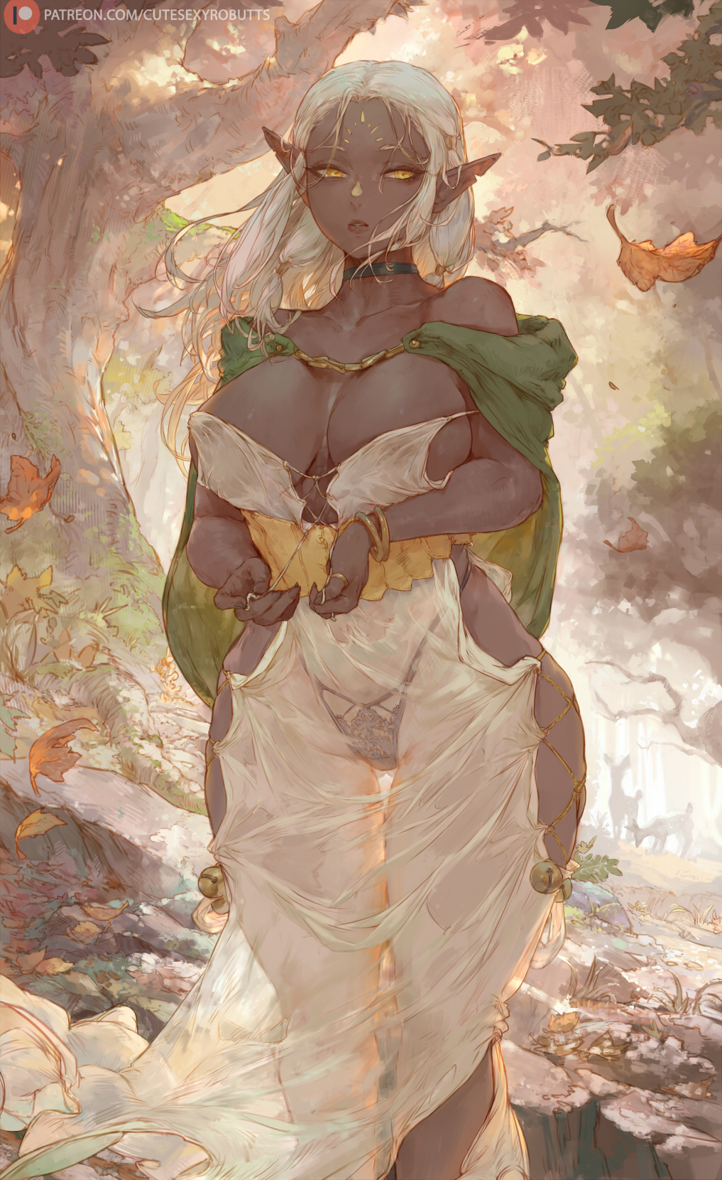 cutesexyrobutts, cithis, dungeon meshi, commentary, highres, 1girl, bare shoulders, black choker, black panties, bracelet, breasts, choker, cleavage, collarbone, dark-skinned female, dark elf, dark skin, dress, elf, forest, jewelry, large breasts, leaf, lips, long hair, looking at viewer, nature, panties, panties visible through clothes, parted lips, patreon logo, patreon username, pointy ears, ring, solo, standing, thigh gap, tree, underwear, white dress, white hair, yellow eyes