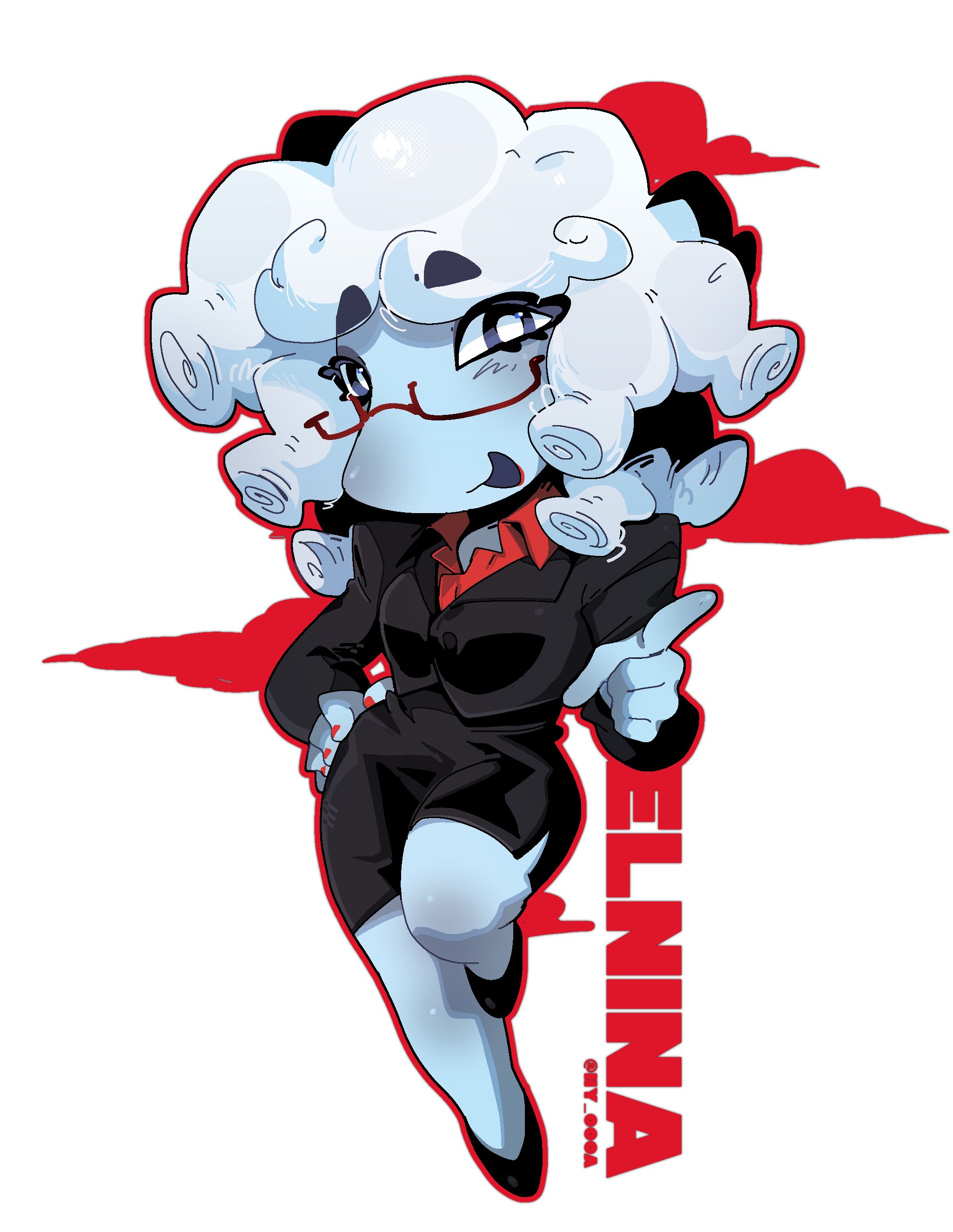 ny 000a, elnina (deltarune), deltarune, utdr (toby fox), absurdres, commentary, english commentary, highres, 1girl, blue eyes, blue hair, blue skin, breasts, chibi, colored skin, glasses, nail polish, office lady, signature, simple background, white hair