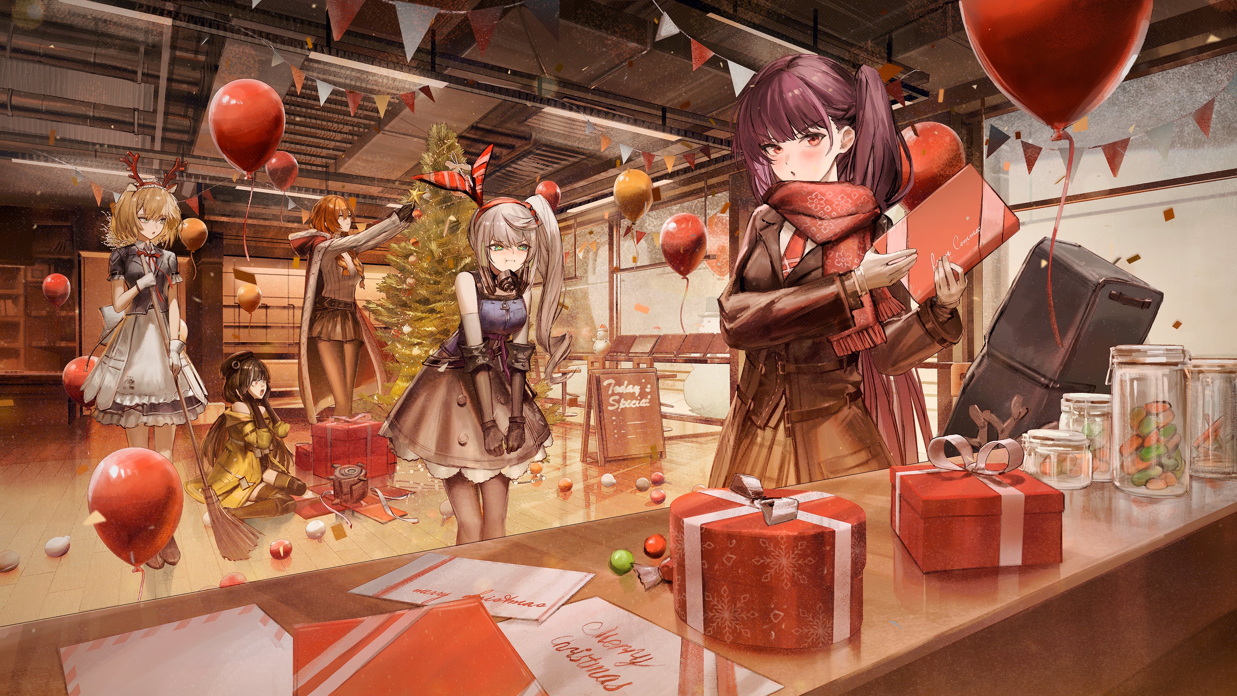 rsef, centaureissi (girls' frontline 2), g36 (girls' frontline), makiatto (girls' frontline 2), ro635 (girls' frontline), robella (girls' frontline 2), springfield (girls' frontline), springfield (girls' frontline 2), springfield (o holy night) (girls' frontline), wa2000 (date in the snow) (girls' frontline), wa2000 (girls' frontline), girls' frontline, girls' frontline 2: exilium, absurdres, commentary request, highres, korean commentary, 5girls, animal ears, antlers, balloon, beans, beret, black gloves, black hair, black hat, black jacket, black pantyhose, blonde hair, blush, bow hairband, box, broom, brown hair, christmas, christmas tree, cloak, closed mouth, decorating christmas tree, envelope, fake animal ears, fake horns, gift, gift box, gloves, grey hair, hairband, hat, holding, holding broom, hood, hooded cloak, horns, indoors, jacket, jar, looking at viewer, merry christmas, multiple girls, necktie, official alternate costume, open mouth, pantyhose, pout, purple hair, red cloak, red eyes, red necktie, red scarf, reindeer antlers, scarf, side ponytail, skirt, white gloves, yellow jacket