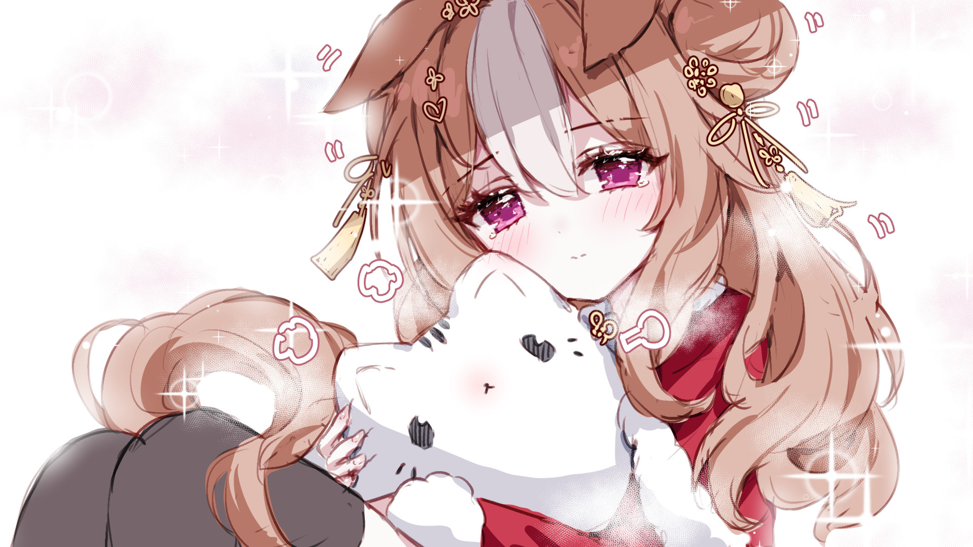 tandohark, copano rickey (umamusume), umamusume, commentary request, highres, 1girl, animal, animal ears, black thighhighs, blush, brown hair, capelet, cat, closed mouth, double bun, ears down, feet out of frame, fluffy, fur-trimmed capelet, fur-trimmed sleeves, fur trim, hair bun, horse ears, horse girl, horse tail, knees up, long sleeves, motion lines, multicolored hair, red capelet, simple background, solo, sparkle background, tail, tears, thighhighs, two-tone hair, white background, white cat, white hair