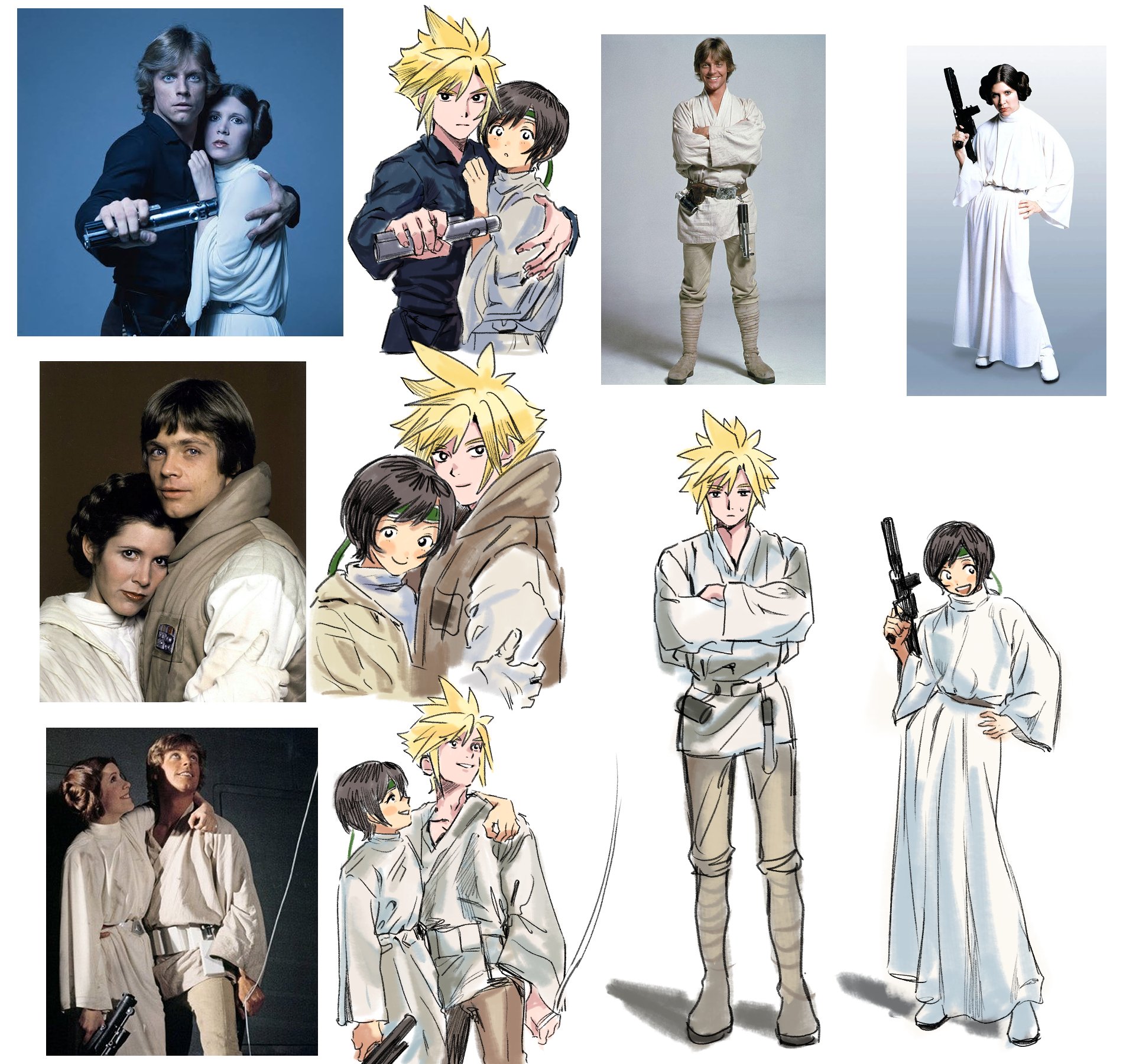 yomyompi, cloud strife, luke skywalker, princess leia, yuffie kisaragi, final fantasy, final fantasy vii, star wars, highres, 1boy, 1girl, arm around shoulder, black hair, black shirt, blonde hair, brown vest, cosplay, crossed arms, energy sword, full body, gloves, grey pants, gun, hand on another's chest, headband, holding, holding gun, holding weapon, hug, light blush, lightsaber, luke skywalker (cosplay), multiple views, open mouth, pants, parted lips, princess leia (cosplay), reference inset, robe, shirt, short hair, smile, spiked hair, standing, sweatdrop, sword, upper body, vest, weapon, white background, white gloves, white robe, white shirt