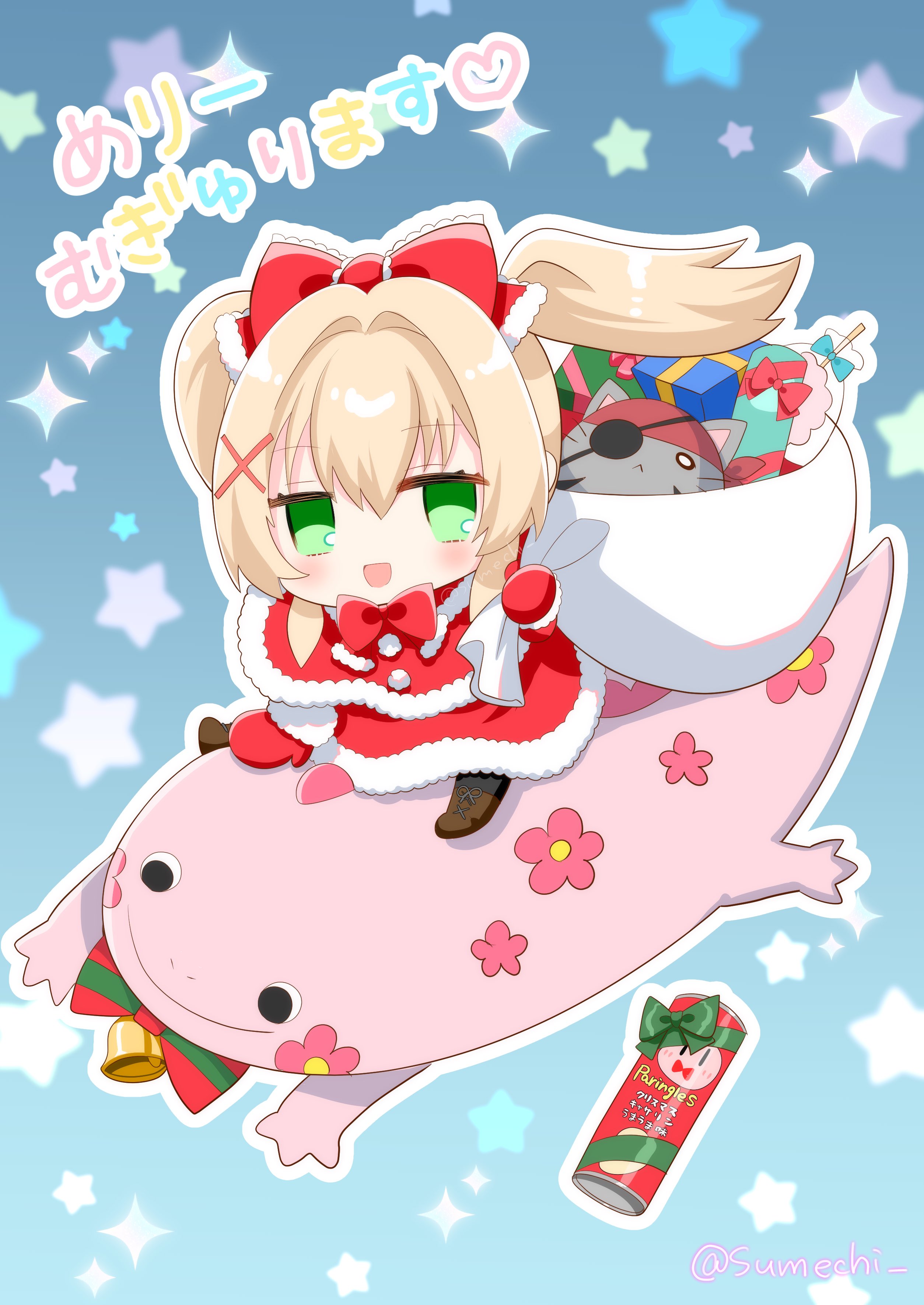 sumechi, tsumugi wenders, summer pockets, absurdres, commentary, highres, translated, 1girl, :d, alternate costume, bag, blonde hair, blue background, blush, boots, bow, bowtie, box, brown boots, capelet, chibi, chibi only, christmas, dress, floating hair, frilled bow, frills, full body, fur-trimmed capelet, fur-trimmed dress, fur trim, gift, gift bag, gift box, green eyes, hair bow, hair intakes, hair ornament, hand up, heart, holding, holding bag, long hair, looking at viewer, merry christmas, mittens, open mouth, outline, pringles can, red bow, red bowtie, red capelet, red dress, red mittens, santa costume, santa dress, sidelocks, simple background, sitting, smile, solo, sparkle, star (symbol), star symbol background, stuffed animal, stuffed toy, twintails, twitter username, white outline, x hair ornament
