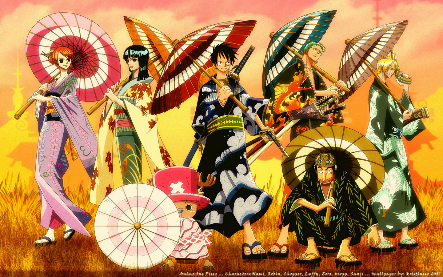 monkey d. luffy, nami (one piece), nico robin, roronoa zoro, one piece, black hair, green hair, japanese clothes, katana, orange hair, sword, umbrella, weapon