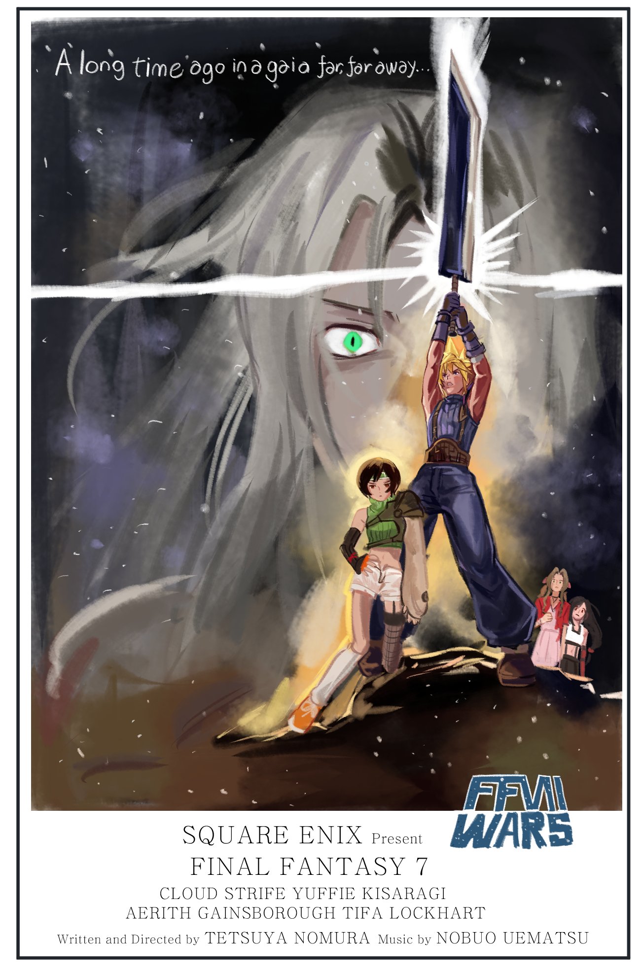 yomyompi, sephiroth, final fantasy, final fantasy vii, final fantasy vii rebirth, final fantasy vii remake, square enix, star wars, commentary, derivative work, english commentary, highres, 2boys, 3girls, armor, baggy pants, belt, black bra, black gloves, black hair, black skirt, blonde hair, blue pants, blue shirt, boots, border, bra, brown belt, brown boots, brown hair, buster sword, character name, chest strap, copyright name, crop top, dress, elbow gloves, english text, full body, gloves, green eyes, green shirt, grey hair, hair ribbon, hand on own hip, holding, holding sword, holding weapon, jacket, long hair, loose socks, low-tied long hair, maid headdress, midriff, movie poster (medium), multiple boys, multiple girls, open fly, orange shoes, pants, parted bangs, pauldrons, pink dress, pink ribbon, red jacket, ribbon, shirt, shoes, short hair, shorts, shoulder armor, sidelocks, single arm guard, single bare shoulder, single fishnet legwear, single pauldron, skirt, sleeveless, sleeveless turtleneck, slit pupils, sneakers, socks, spiked hair, sports bra, suspenders, sword, turtleneck, underwear, upper body, weapon, white border, white shirt, white shorts, white socks