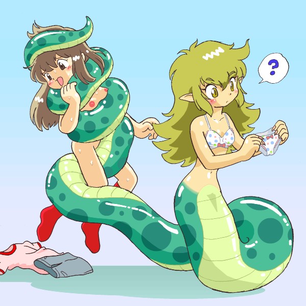 pukao, original, 2girls, ?, blonde hair, blush, bra, breasts, brown hair, clothes on floor, coiled, feet, green eyes, green hair, lamia, lingerie, long hair, monster girl, multiple girls, nipples, nude, panties, pointy ears, shirt, skirt, small breasts, snake, socks, underwear, yuri