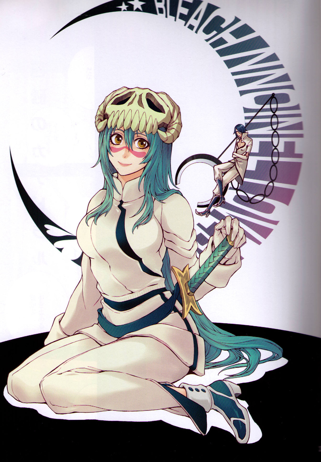 takamiya haruya, nelliel tu odelschwanck, nnoitra gilga, bleach, highres, 00s, 1boy, 1girl, arrancar, black hair, facial mark, green hair, hollow (bleach), number tattoo, scythe, skull, sword, tattoo, weapon, yellow eyes