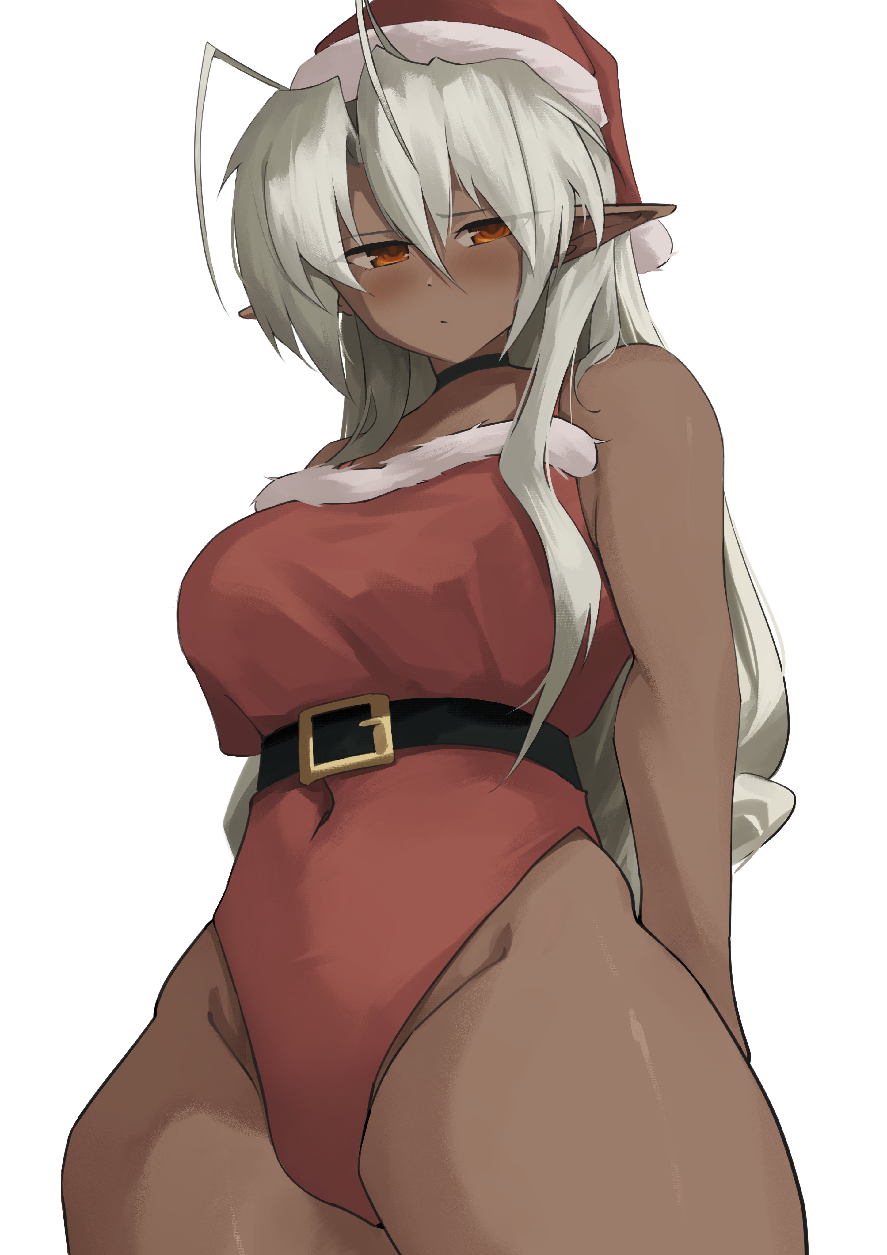 neva (dir4ct c), sansei muramasa, soukou akki muramasa, absurdres, commentary, english commentary, highres, 1girl, antenna hair, belt, black choker, blush, breasts, choker, covered navel, cowboy shot, dark-skinned female, dark skin, hat, highleg, highleg leotard, leotard, long hair, pointy ears, red eyes, red leotard, santa costume, santa hat, solo, standing, thighs, white background, white hair