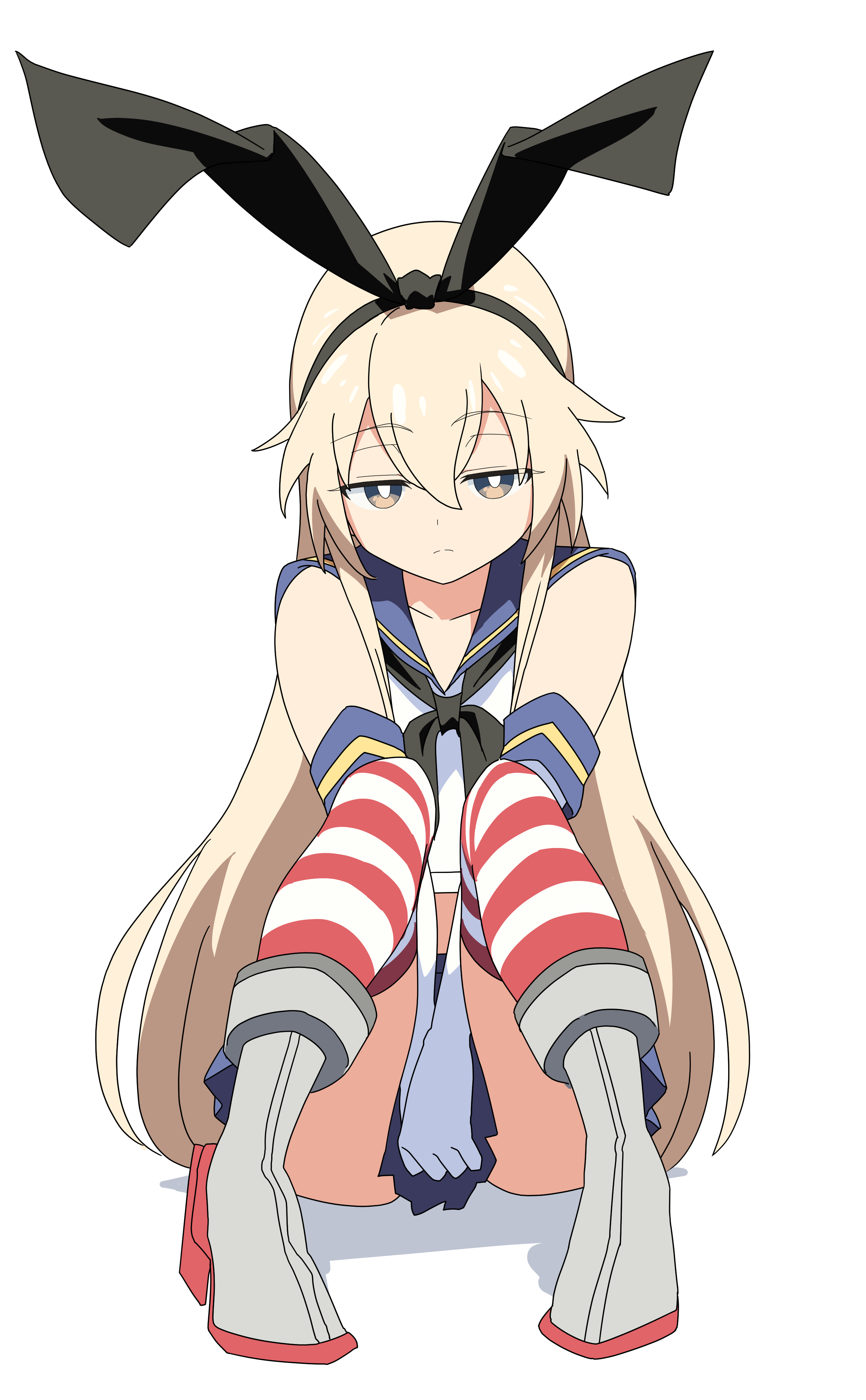baasaku (balasaku24), shimakaze (kancolle), kantai collection, absurdres, commentary request, highres, 1girl, black hairband, blonde hair, blue sailor collar, elbow gloves, gloves, grey eyes, hair between eyes, hairband, long hair, looking at viewer, rudder footwear, sailor collar, sitting, solo, striped clothes, striped thighhighs, thighhighs, very long hair, white gloves