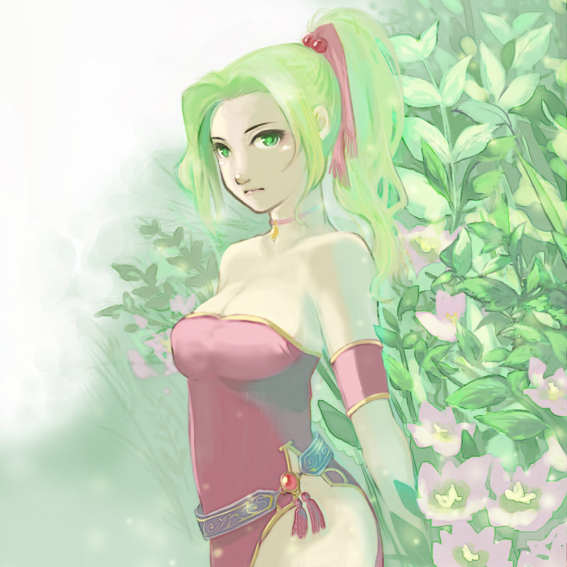 miso katsu, tina branford, final fantasy, final fantasy vi, 1990s (style), armband, belt, choker, flower, green eyes, green hair, leaf, long hair, ponytail