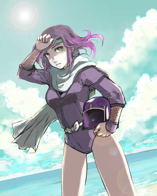 miso katsu, faris scherwiz, final fantasy, final fantasy v, 1990s (style), beach, green eyes, headband, helmet, long hair, ninja, purple hair, scarf, sky, water