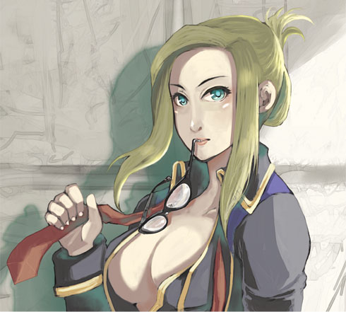 miso katsu, quistis trepe, final fantasy, final fantasy viii, lowres, 1990s (style), 1girl, blonde hair, breasts, cleavage, female focus, glasses, green eyes, hair bun, long hair, red ribbon, retro artstyle, ribbon, single hair bun, solo