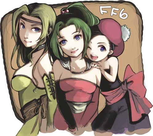 miso katsu, celes chere, relm arrowny, tina branford, final fantasy, final fantasy vi, lowres, 1990s (style), beret, blonde hair, blue eyes, detached sleeves, green hair, hat, long hair, ponytail, tiara