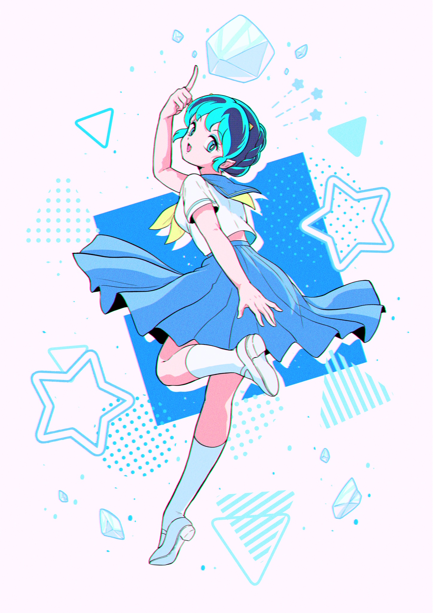 nka 46, lum, urusei yatsura, commentary request, highres, 1girl, aqua eyes, aqua eyeshadow, aqua hair, arm up, blue sailor collar, blue skirt, braid, braided bun, chromatic aberration, cryokinesis, eyeshadow, fang, floating, floating object, from behind, hair bun, ice, index finger raised, looking at viewer, looking back, makeup, neckerchief, open mouth, pleated skirt, sailor collar, school uniform, serafuku, shirt, shoes, skirt, smile, socks, solo, standing, standing on one leg, star (symbol), tiptoes, white shirt, white shoes, white socks, yellow neckerchief