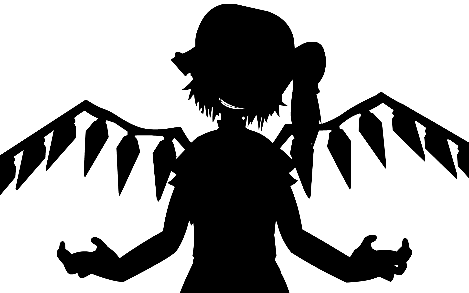 flandre scarlet, embodiment of scarlet devil, touhou, anime screenshot, derivative work, highres, vector trace, 1girl, bad apple!!, evil grin, evil smile, female focus, greyscale, grin, monochrome, side ponytail, silhouette, simple background, smile, solo, wings