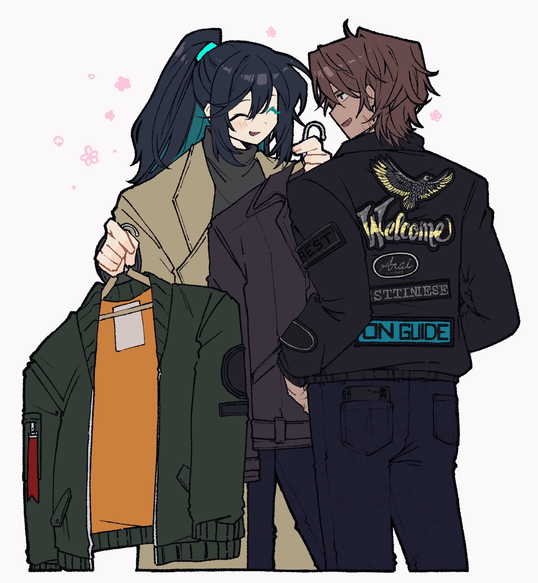 nantekottawo!!, heathcliff (project moon), hong lu (project moon), limbus company, project moon, commentary request, highres, 2boys, ^ ^, black hair, black jacket, black sweater, blue pants, brown hair, brown jacket, closed eyes, cowboy shot, denim, flower, half updo, jacket, jeans, lapels, leather, leather jacket, long hair, multiple boys, notched lapels, open mouth, pants, phone in pocket, simple background, smile, sweater, white background