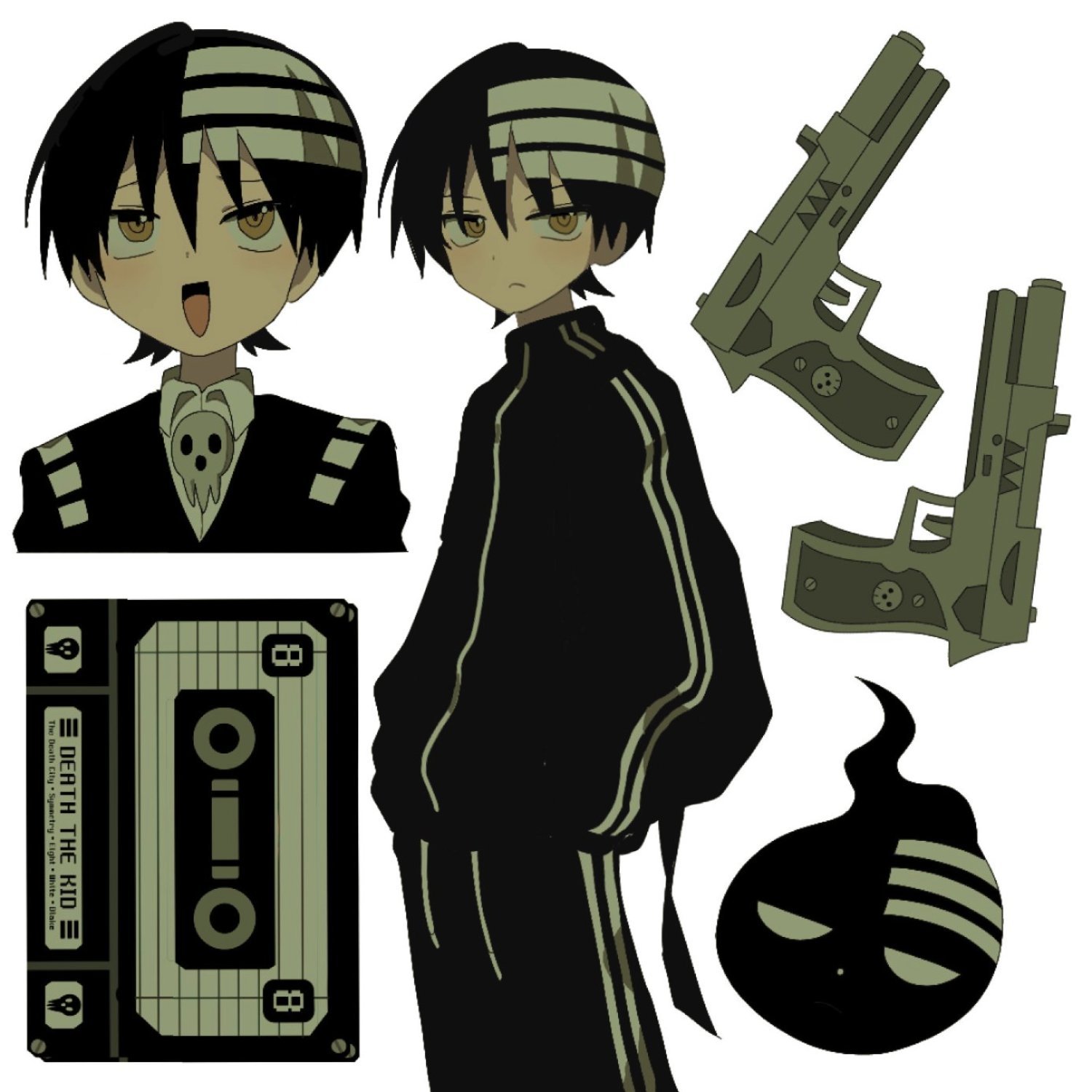 debakshotgun0, death the kid, soul eater, hashtag-only commentary, highres, 1boy, asymmetrical hair, black hair, brown eyes, cassette tape, closed mouth, cropped torso, dot nose, frown, gun, handgun, hands in pockets, jacket, long sleeves, looking to the side, male focus, multicolored hair, multiple views, open mouth, pants, sanpaku, short hair, sideways glance, simple background, standing, striped clothes, striped pants, tongue, track suit, vertical-striped clothes, vertical-striped pants, vertical-striped sleeves, weapon, white background, white hair