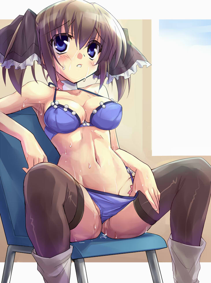 eeeeee, shiina minatsu, seitokai no ichizon, bad id, bad pixiv id, 00s, 1girl, bikini, bikini pull, black thighhighs, blue eyes, blush, boots, breasts, brown hair, chair, choker, cleavage, clothes pull, female focus, groin, navel, on chair, pulling own clothes, purple bikini, pussy juice, solo, sweat, swimsuit, thighhighs, twintails