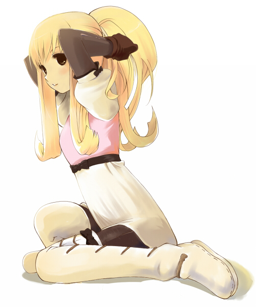 wara, wara (warapro), aire, aire (final fantasy), final fantasy, hikari no 4 senshi, 1girl, adjusting hair, arms up, blonde hair, brown eyes, dress, female focus, long hair, ponytail, simple background, sitting, solo, thighhighs, white background