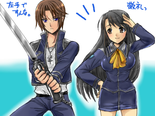 oonishi koala, rinoa heartilly, squall leonhart, final fantasy, final fantasy viii, 1990s (style), 1boy, 1girl, black hair, blue eyes, brown eyes, brown hair, gunblade, jewelry, long hair, miniskirt, necklace, pants, retro artstyle, salute, short hair, skirt, weapon