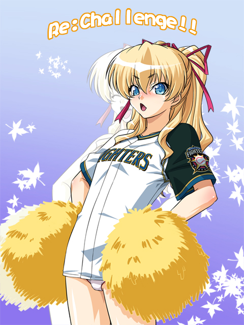 kagami hirotaka, macika, emina&aki, hokkaido nippon-ham fighters, nippon professional baseball, original, 1girl, baseball uniform, blonde hair, blue eyes, bow, cheerleader, clothes writing, female focus, hair bow, no pants, panties, pom pom (cheerleading), solo, sportswear, underwear