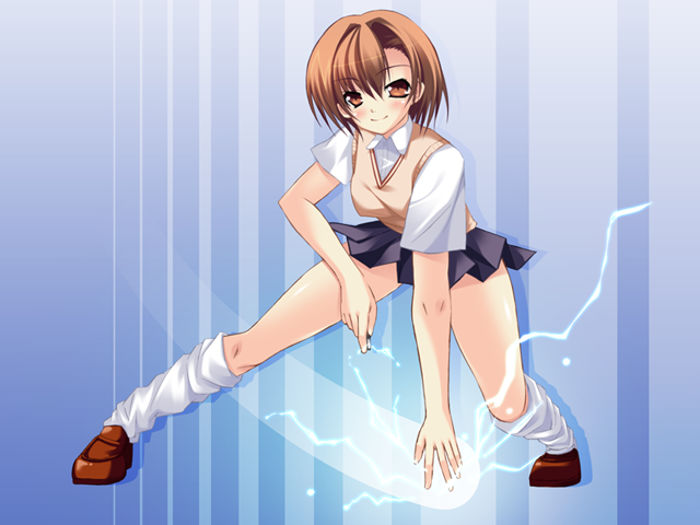 you, you (swdy), misaka mikoto, toaru majutsu no index, 00s, 1girl, brown eyes, brown hair, coin, electricity, electrokinesis, female focus, leaning forward, school uniform, smile, solo