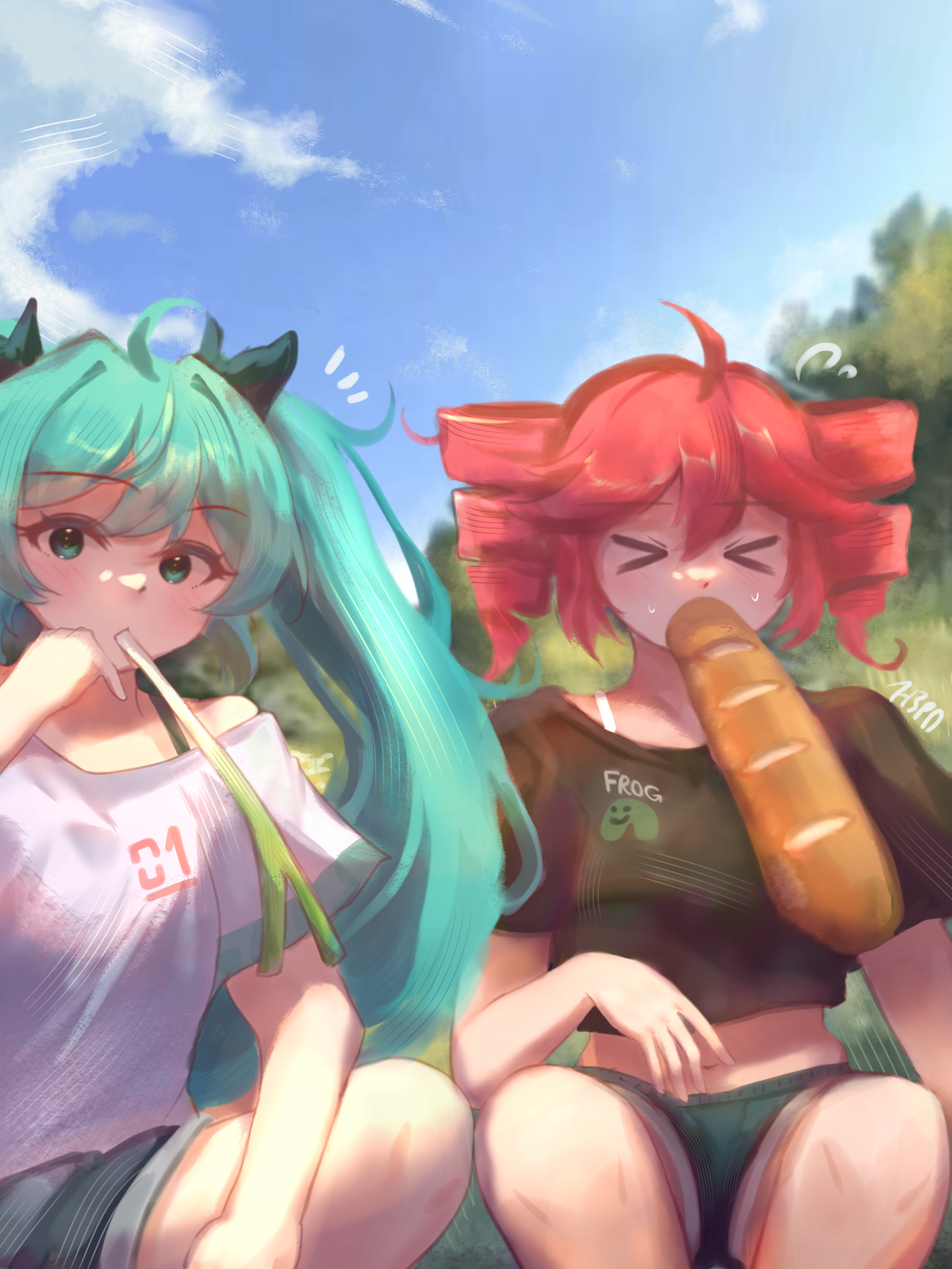 h3p0, hatsune miku, kasane teto, utau, vocaloid, commentary, english commentary, highres, variant set, > <, 2girls, ahoge, alternate costume, aqua eyes, aqua hair, baguette, black shirt, bread, closed eyes, cropped shirt, day, food, food in mouth, long hair, looking at viewer, multiple girls, outdoors, red hair, shirt, short sleeves, shorts, spring onion, squatting, twintails, white shirt