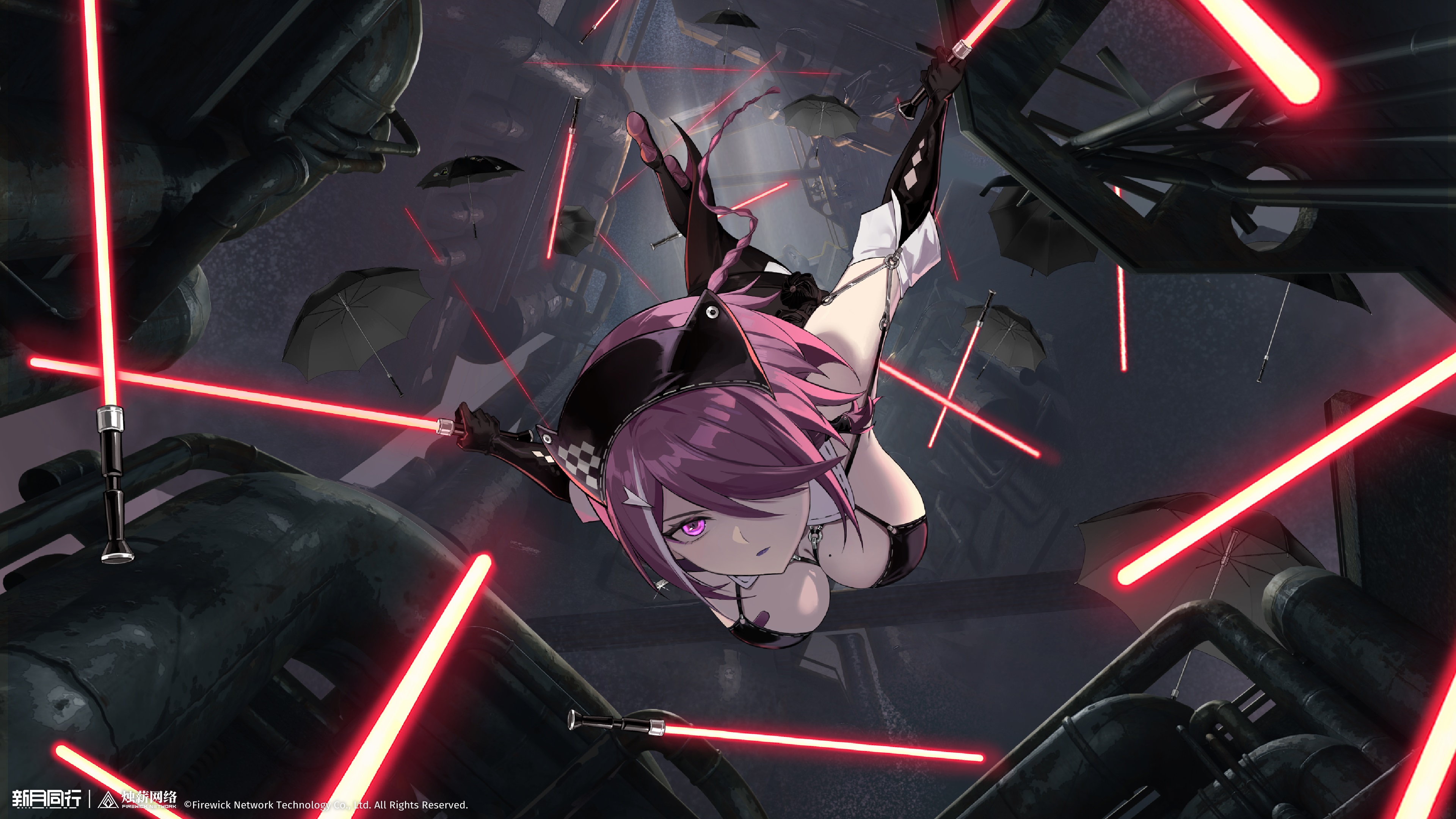 xinyue tongxing, absurdres, highres, official art, official wallpaper, 1girl, black gloves, black leotard, black umbrella, bob cut, breasts, copyright name, copyright notice, elbow gloves, energy sword, falling, from below, full body, gloves, hair ornament, hair over one eye, holding, holding sword, holding weapon, industrial pipe, large breasts, leotard, lightsaber, logo, looking at viewer, one eye covered, purple eyes, purple hair, red lightsaber, short hair, solo, spaghetti strap, sword, too many umbrellas, too many weapons, umbrella, upside-down, weapon, yuren (xinyue tongxing)