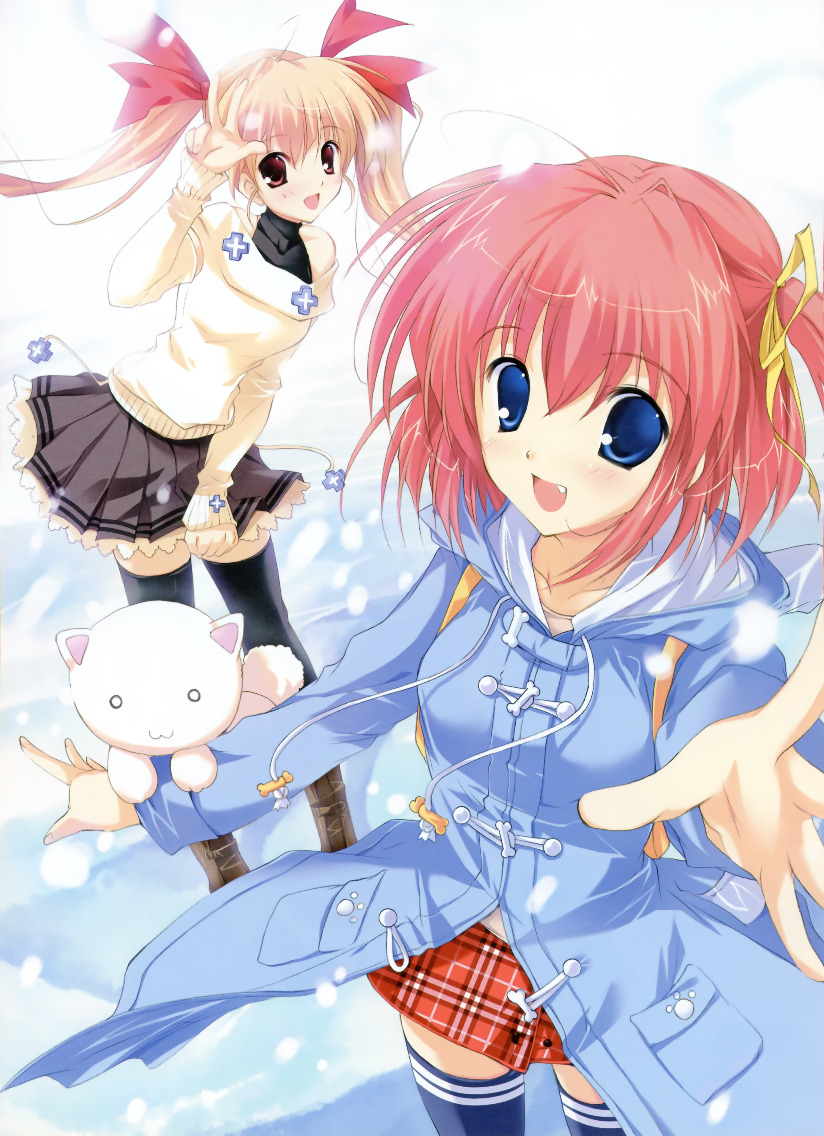 mikeou, kawahara touka, minamino nanami, konneko, absurdres, highres, 2girls, :d, blonde hair, blue eyes, coat, fang, hair ribbon, multiple girls, open mouth, pink hair, red hair, ribbon, skirt, smile, snow, thighhighs, twintails, v, zettai ryouiki