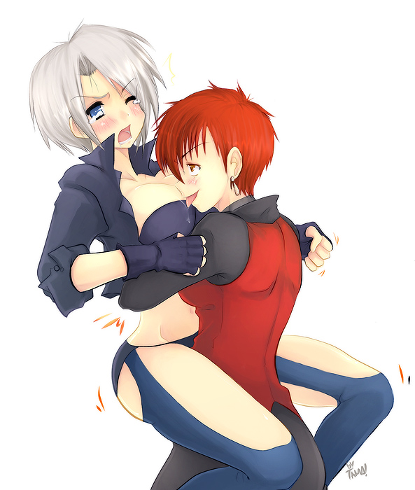 angel (kof), vice (kof), snk, the king of fighters, silver hair, non-web source, 2girls, bearhug, blush, breasts, fingerless gloves, gloves, holding, hug, large breasts, licking, licking breast, multiple girls, naughty face, one eye closed, red hair, ryona, tongue, wrestling, yuri