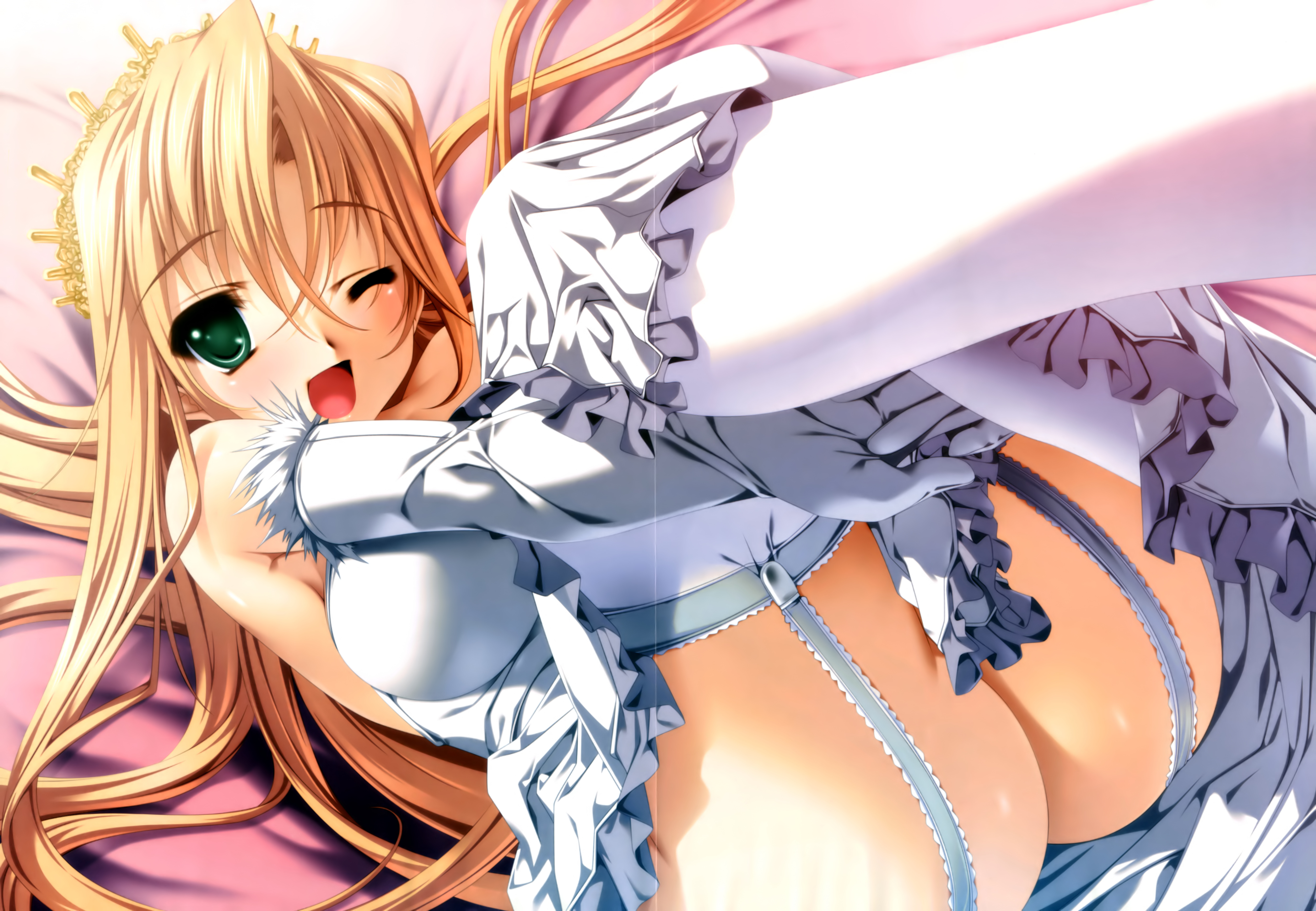 senomoto hisashi, est fragrance, kashimashi communication, absurdres, highres, scan, 1girl, :d, ass, bed, blonde hair, blush, clothes between thighs, crease, crown, dress, elbow gloves, female focus, from above, garter belt, garter straps, gloves, green eyes, hugging own legs, legs up, long hair, lying, no panties, on back, one eye closed, open mouth, princess, smile, solo, thighhighs, very long hair, white thighhighs, wink