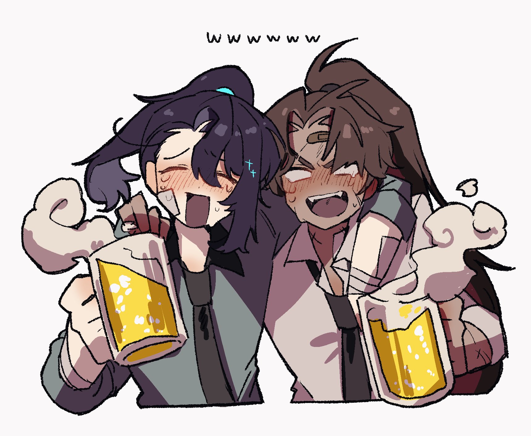 nantekottawo!!, heathcliff (project moon), hong lu (project moon), limbus company, project moon, commentary request, highres, 2boys, bandaid, bandaid on face, bandaid on forehead, black hair, black necktie, blush, brown hair, collared shirt, crying, cup, drunk, full-stop office (identity) (project moon), high ponytail, holding, holding cup, laughing, long hair, multiple boys, necktie, open mouth, ponytail, shirt, simple background, smile, sparkle, spoken www, very long hair, white background, white shirt