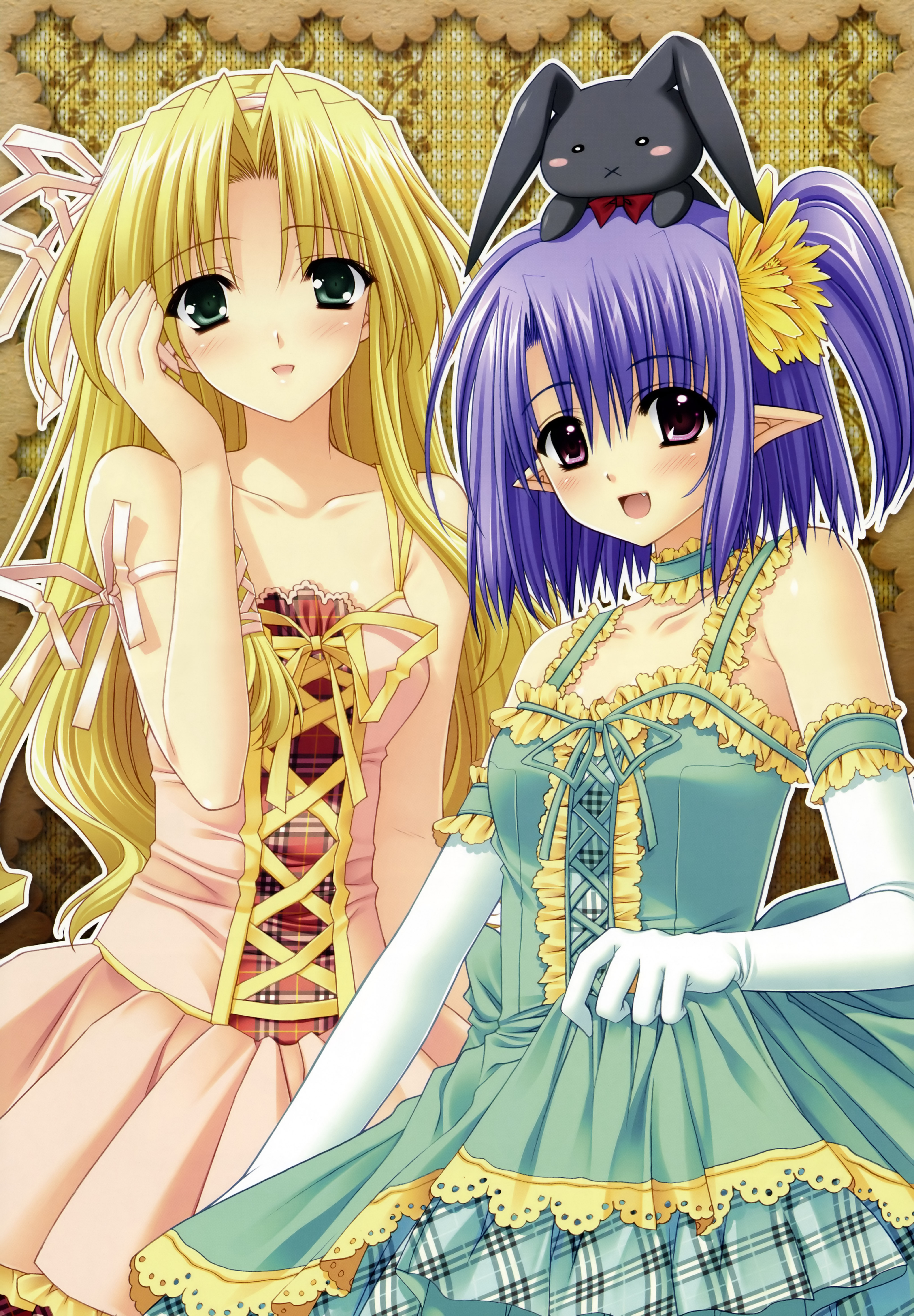 nishimata aoi, suzuhira hiro, daisy (shuffle!), kareha, shuffle!, shuffle! essence+, absurdres, highres, 00s, 2girls, blonde hair, blue hair, blush, choker, clothes lift, dress, dress lift, elbow gloves, fang, flower, frills, gloves, green eyes, hair flower, hair ornament, long hair, multiple girls, object on head, plaid clothes, plaid dress, pointy ears, ponytail, purple eyes, rabbit, ribbon, short hair, side ponytail, skirt hold, stuffed animal, stuffed rabbit, stuffed toy, very long hair, white gloves, x mouth