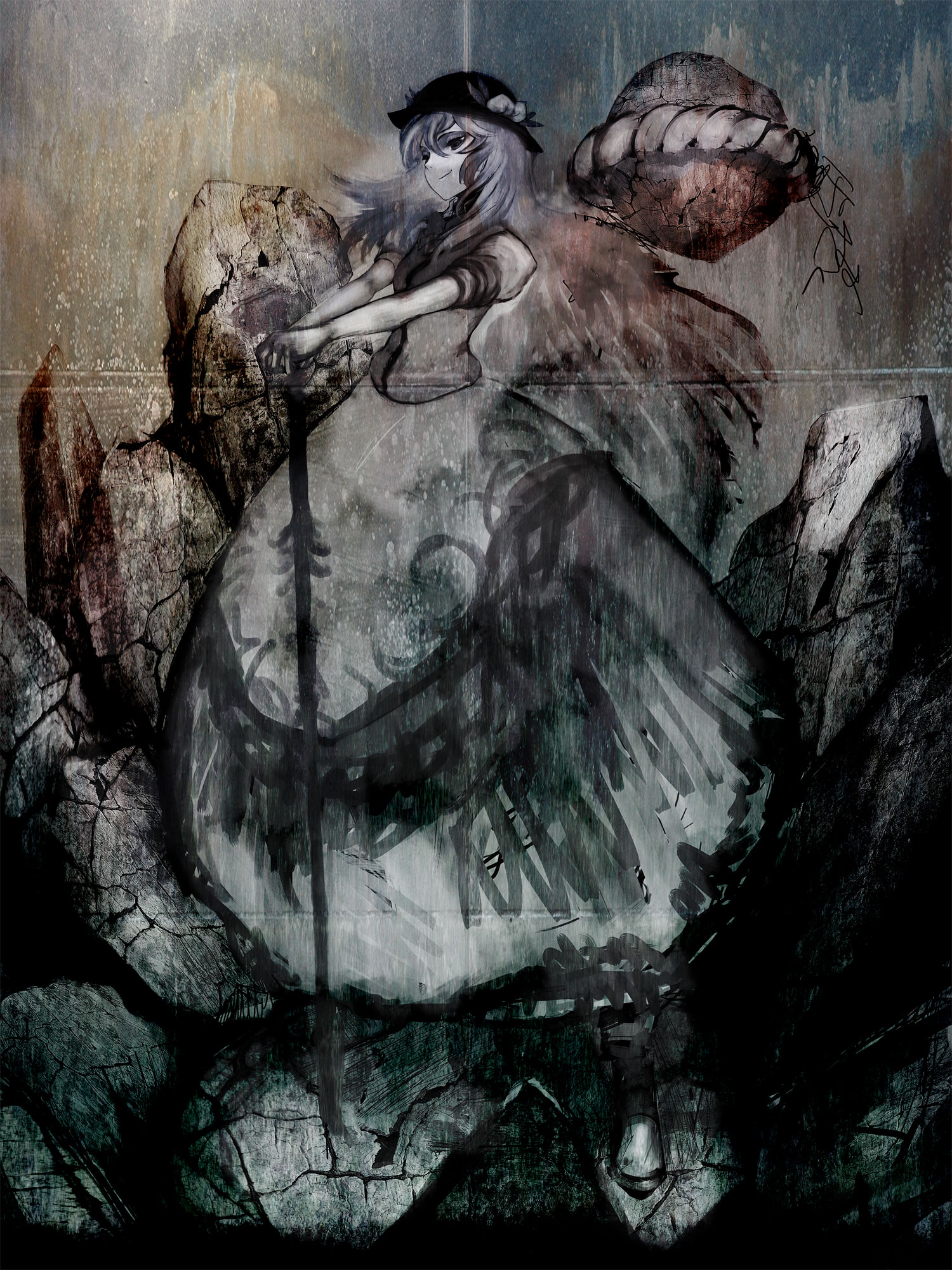 cong1991, hinanawi tenshi, touhou, bad id, bad pixiv id, highres, 1girl, female focus, rock, rope, shimenawa, smile, solo, sword, weapon