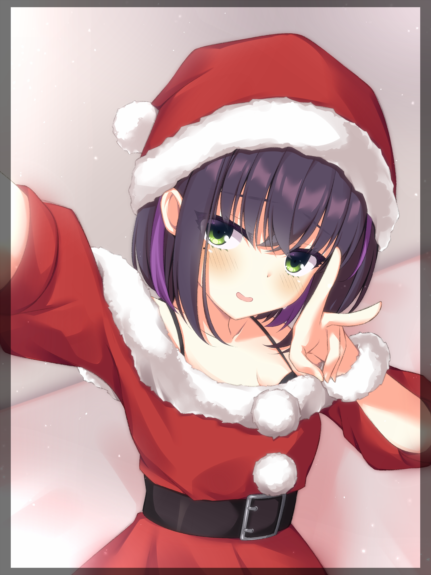 asagi nanami, nabari anju, limelight lemonade jam, commentary, highres, 1girl, bare shoulders, belt, black belt, black border, black bra, black hair, blurry, blurry background, blush, border, bra, bracelet, breasts, christmas, cleavage, collarbone, crossed bangs, dress, eyes visible through hair, fur-trimmed dress, fur-trimmed headwear, fur bracelet, fur trim, furrowed brow, green eyes, hair between eyes, hand up, hat, jewelry, long sleeves, medium hair, mole, mole under eye, multicolored hair, open mouth, outstretched arm, pom pom (clothes), purple hair, red dress, red hat, santa costume, santa hat, selfie, shy, smile, solo, streaked hair, underwear, upper body, v