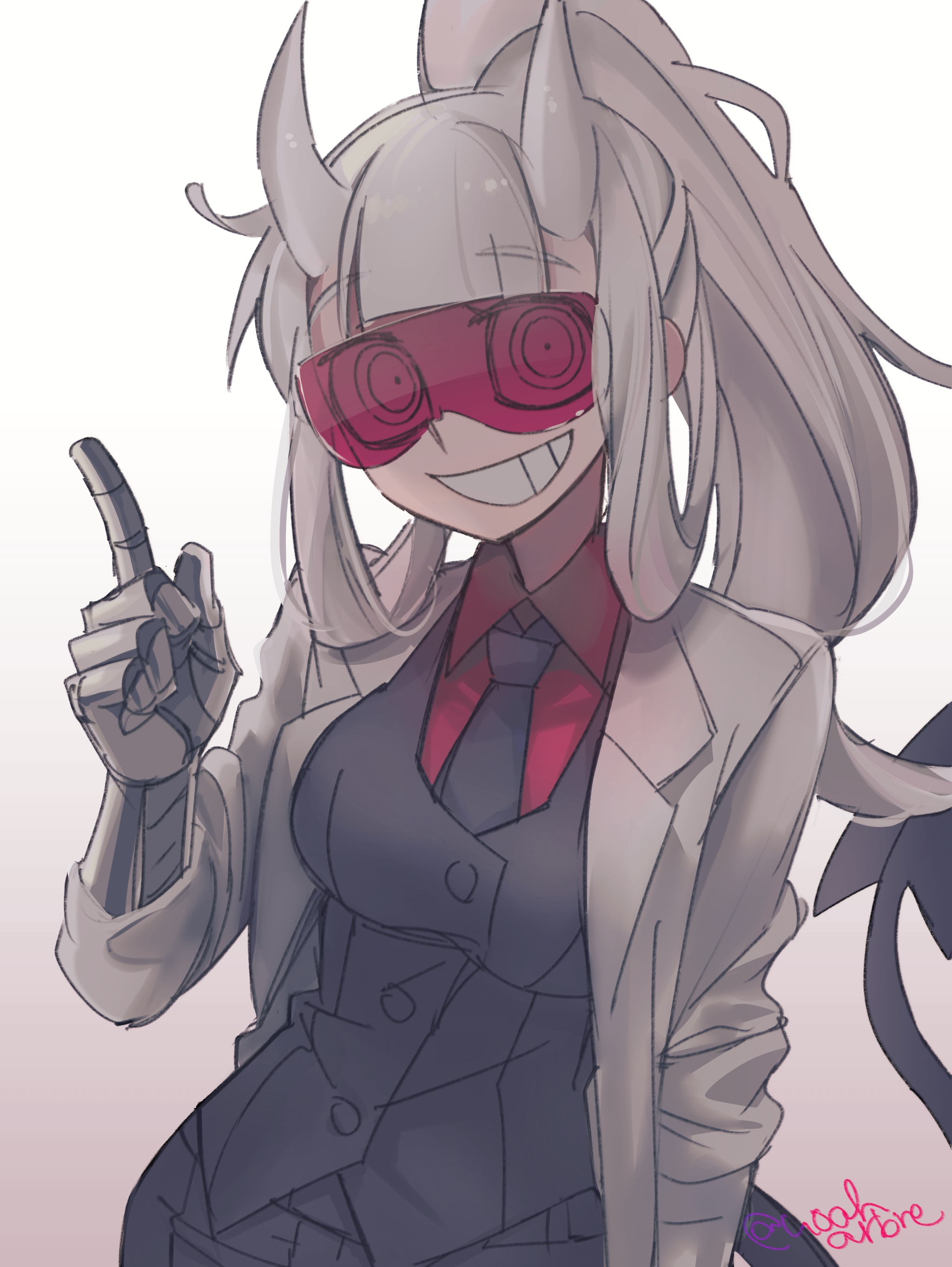 noah (tettsui-sole), loremaster (helltaker), helltaker, absurdres, highres, 1girl, artist name, breasts, coat, collared shirt, cowboy shot, demon girl, demon tail, formal clothes, gloves, goggles, grin, horns, jacket, lab coat, long hair, long sleeves, looking at viewer, necktie, open clothes, open coat, ponytail, red-tinted eyewear, shirt, sidelocks, simple background, sleeves rolled up, smile, solo, standing, suit, tail, teeth, tinted eyewear, twitter username, white coat, white hair