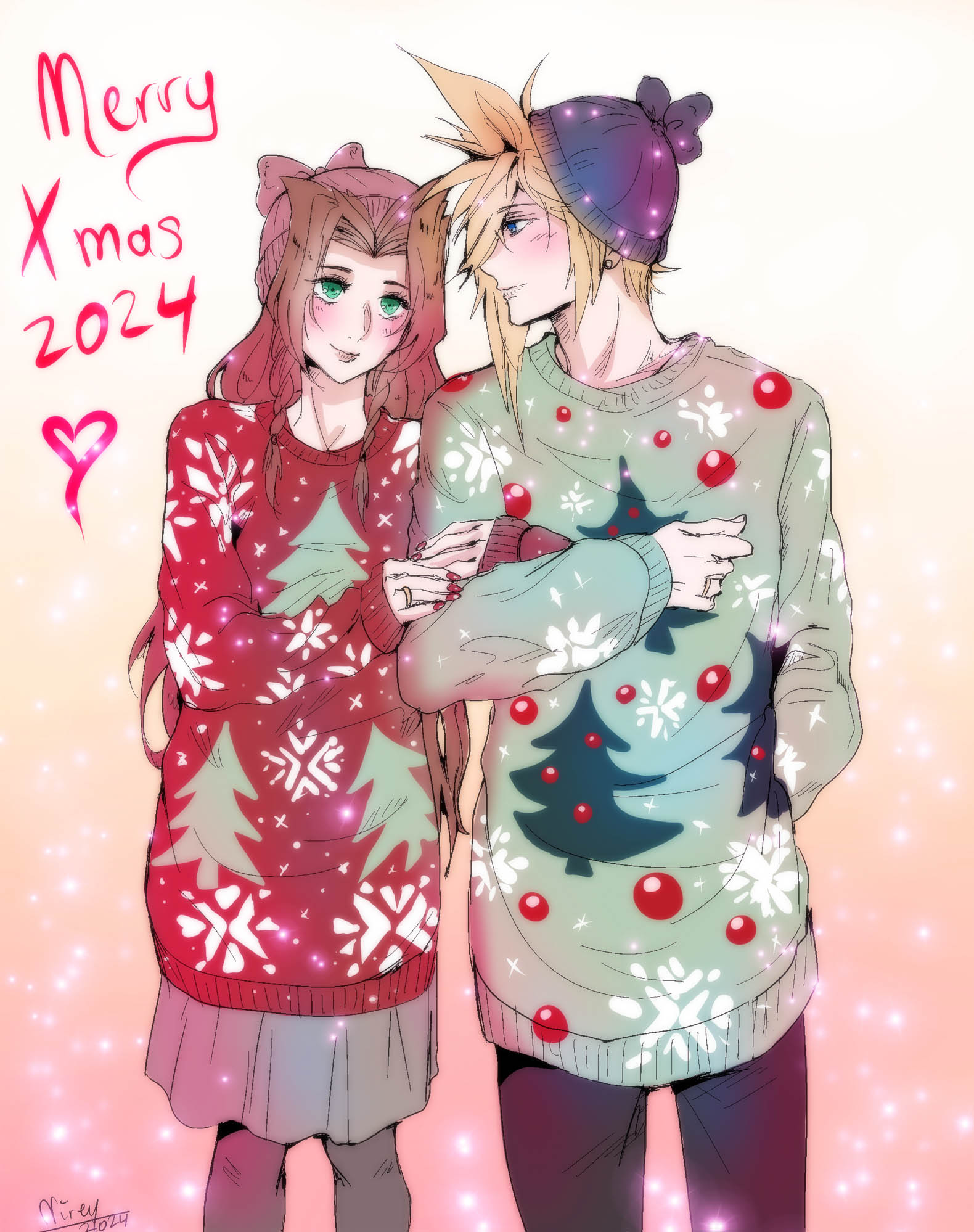 herzloserengel, aerith gainsborough, cloud strife, final fantasy, final fantasy vii, commentary, english commentary, highres, 1boy, 1girl, 2024, alternate costume, arm behind back, artist name, beanie, black pants, blonde hair, blue eyes, blush, bow, brown hair, christmas, christmas stocking, couple, cowboy shot, earrings, green eyes, green sweater, grey pantyhose, grey skirt, hair between eyes, hair bow, hat, hat bow, hetero, holding another's arm, jewelry, long hair, looking at another, merry christmas, pants, pantyhose, parted bangs, red sweater, ring, short hair, sidelocks, single earring, skirt, spiked hair, sweater