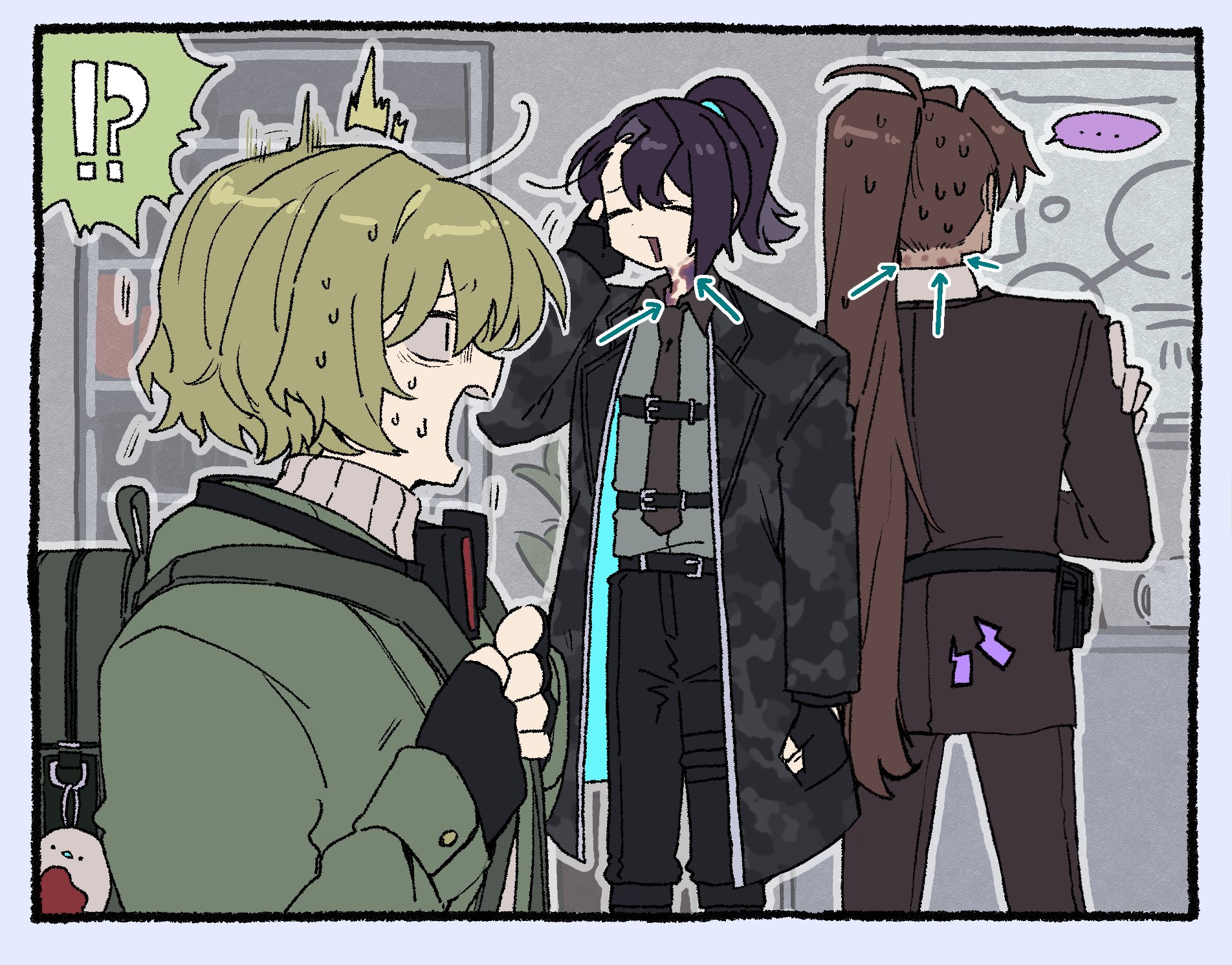 nantekottawo!!, heathcliff (project moon), hong lu (project moon), punishing bird, sinclair (project moon), limbus company, lobotomy corporation, project moon, highres, …, 3boys, ahoge, black coat, black jacket, black necktie, black pants, blonde hair, brown hair, camouflage, camouflage coat, chest harness, coat, crossed arms, fingerless gloves, full-stop office (identity) (project moon), gloves, harness, hickey, high ponytail, jacket, lapels, long hair, long sleeves, multiple boys, necktie, notched lapels, pants, parted bangs, ponytail, speech bubble, sweat, sweater, very long hair, white sweater