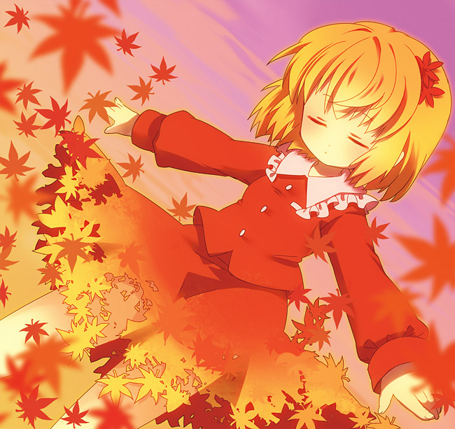 chaba (hortensia), aki shizuha, touhou, 1girl, autumn leaves, blonde hair, buttons, closed eyes, closed mouth, collar, collared shirt, dissolving clothes, female focus, fingernails, frilled shirt collar, frills, hair ornament, leaf, leaf hair ornament, long sleeves, maple leaf, outstretched arms, puffy long sleeves, puffy sleeves, red shirt, shirt, short hair, skirt, solo, white collar
