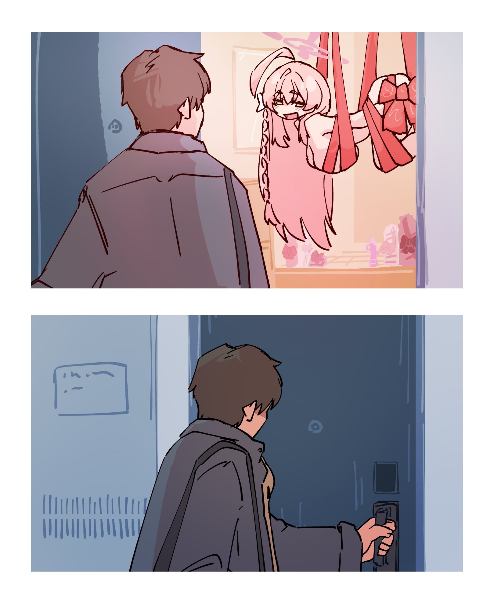 mabufuyo, hanako (blue archive), sensei (blue archive), blue archive, 1boy, 1girl, 2koma, bound, closing door, comic, door, naked ribbon, opening door, ribbon, silent comic, suspension
