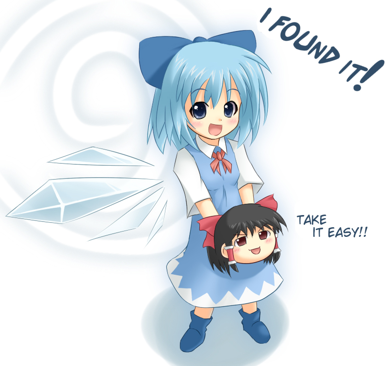 cirno, hakurei reimu, touhou, barefoot, black hair, blue eyes, blue hair, circled 9, english text, ribbon, short hair, solo, wings, yukkuri shiteitte ne
