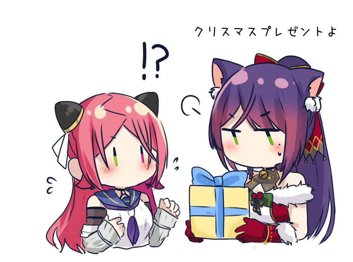 nigari (ngari 0115), funada kiito, shiba tomoshibi, assault lily, translated, !?, 2girls, animal ears, bare shoulders, bell, black choker, blue bow, blue sailor collar, blush, bow, box, breasts, cat ears, chibi, choker, christmas, christmas present, cropped torso, detached sleeves, fur-trimmed gloves, fur-trimmed shirt, fur trim, gift, gift box, gloves, green bow, green eyes, hair bow, hair ornament, hairpods, halter shirt, halterneck, hands up, heterochromia, high ponytail, holding, holding gift, jingle bell, kemonomimi mode, layered sleeves, looking at another, looking at object, looking down, medium breasts, mistletoe, mole, mole under eye, multiple girls, neck bell, neckerchief, no mouth, o-ring, o-ring choker, odaiba girls high school uniform, official alternate costume, official alternate hairstyle, pom pom (clothes), pom pom hair ornament, ponytail, purple neckerchief, red bow, red eyes, red gloves, red hair, red shirt, sailor collar, santa costume, school uniform, serafuku, shirt, simple background, sleeves past wrists, sweatdrop, two-tone shirt, upper body, v-shaped eyebrows, white background, white shirt