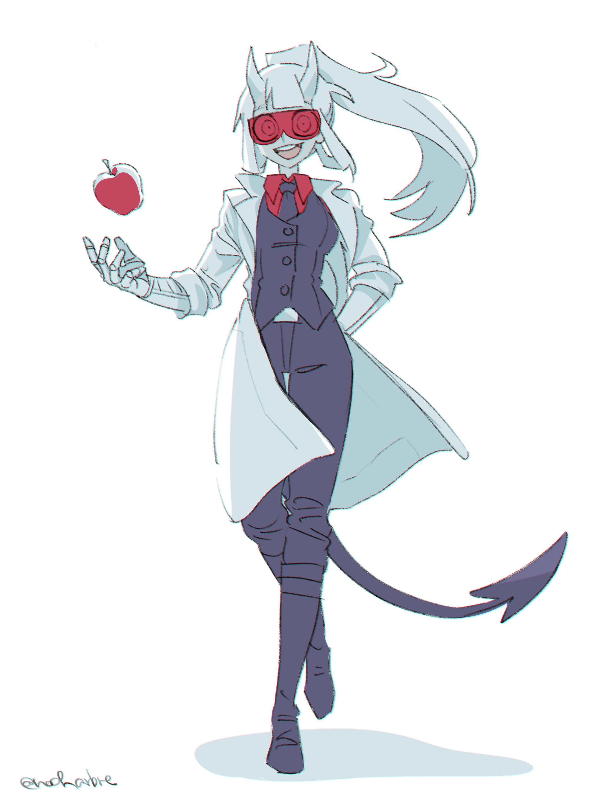 noah (tettsui-sole), loremaster (helltaker), helltaker, absurdres, highres, 1girl, :d, apple, black necktie, black pants, black vest, bow, bowtie, breasts, coat, collared shirt, demon girl, demon tail, food, formal clothes, fruit, full body, gloves, goggles, hand in pocket, horns, lab coat, long hair, long sleeves, necktie, open clothes, open coat, open mouth, pale skin, pants, ponytail, red goggles, red shirt, shirt, simple background, smile, solo, suit, tail, teeth, tinted eyewear, twitter username, upper teeth only, vest, walking, white background, white coat, white hair, white horns