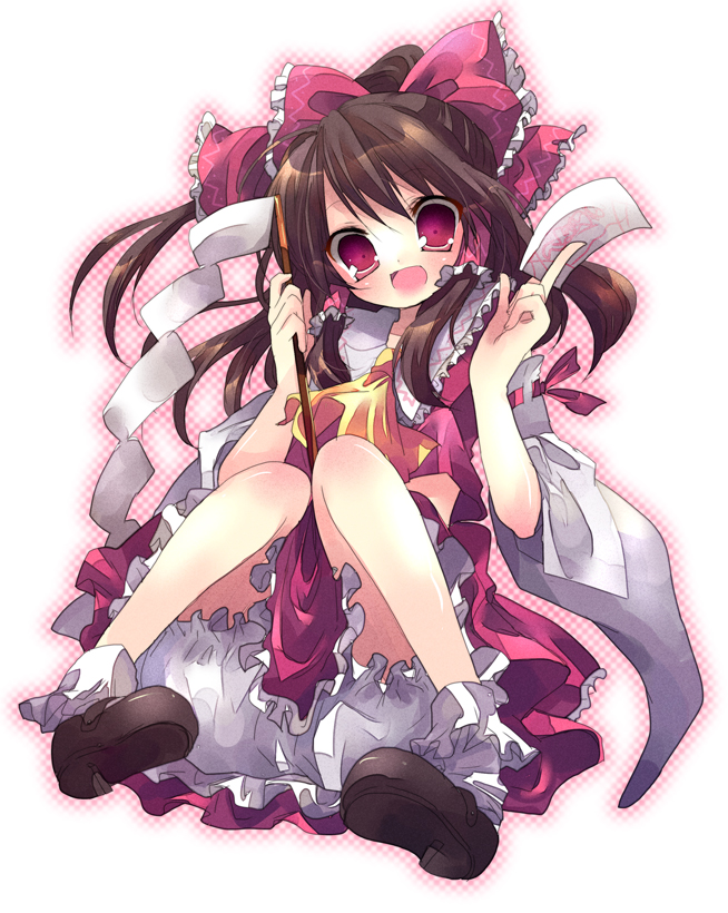 kosuzume, hakurei reimu, touhou, 1girl, bloomers, bow, brown hair, detached sleeves, female focus, gohei, half updo, japanese clothes, miko, ofuda, red eyes, short hair, solo, underwear